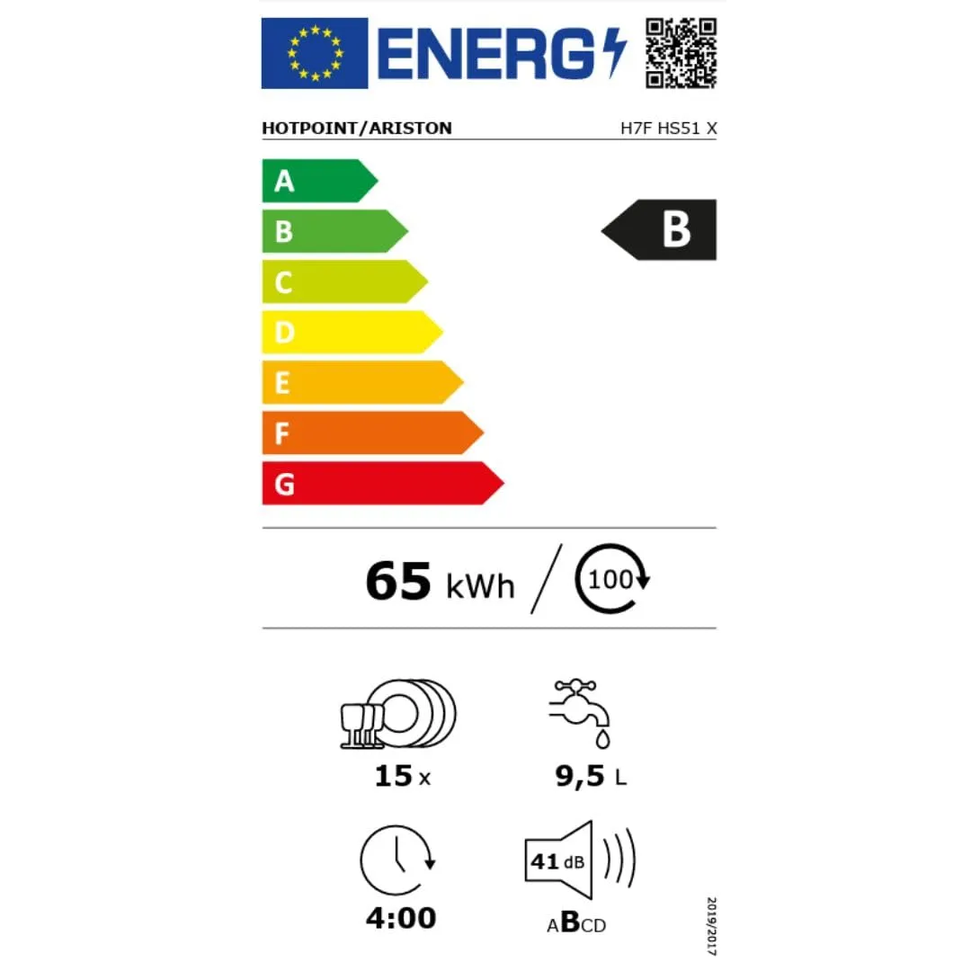 Hotpoint H7FHS51X Lavastoviglie da 60 cm, 15 coperti, libera installazione, Inox, Classe energetica B