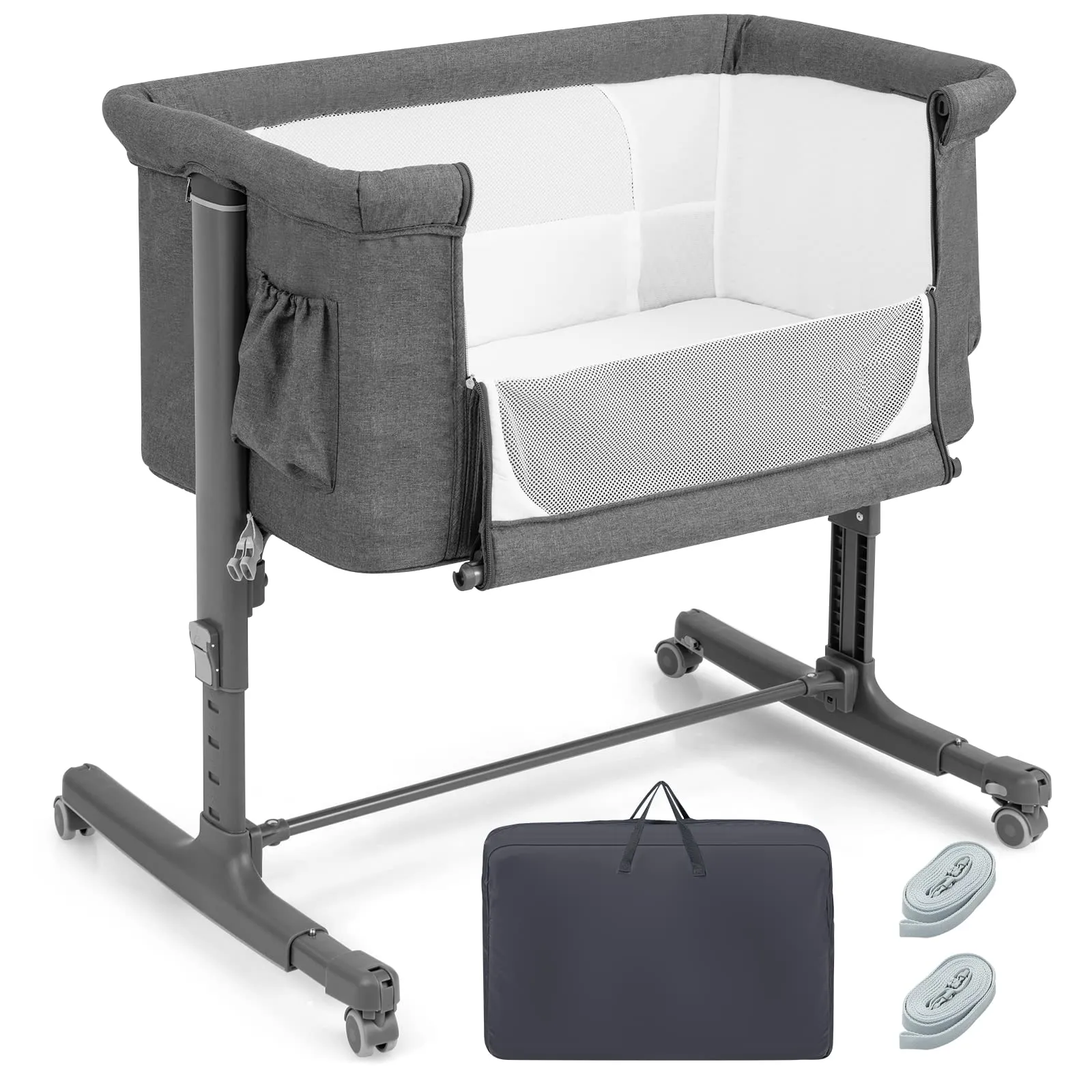 COSTWAY Culla Neonato Fianco Letto 3 in 1, Lettino Dondolo Neonati con Materasso, Culla da Campeggio con Ruote e Borsa, Regolabile In Altezza, Inclinazione di 10°, per Bambini 0-6 Mesi (Grigio Scuro)