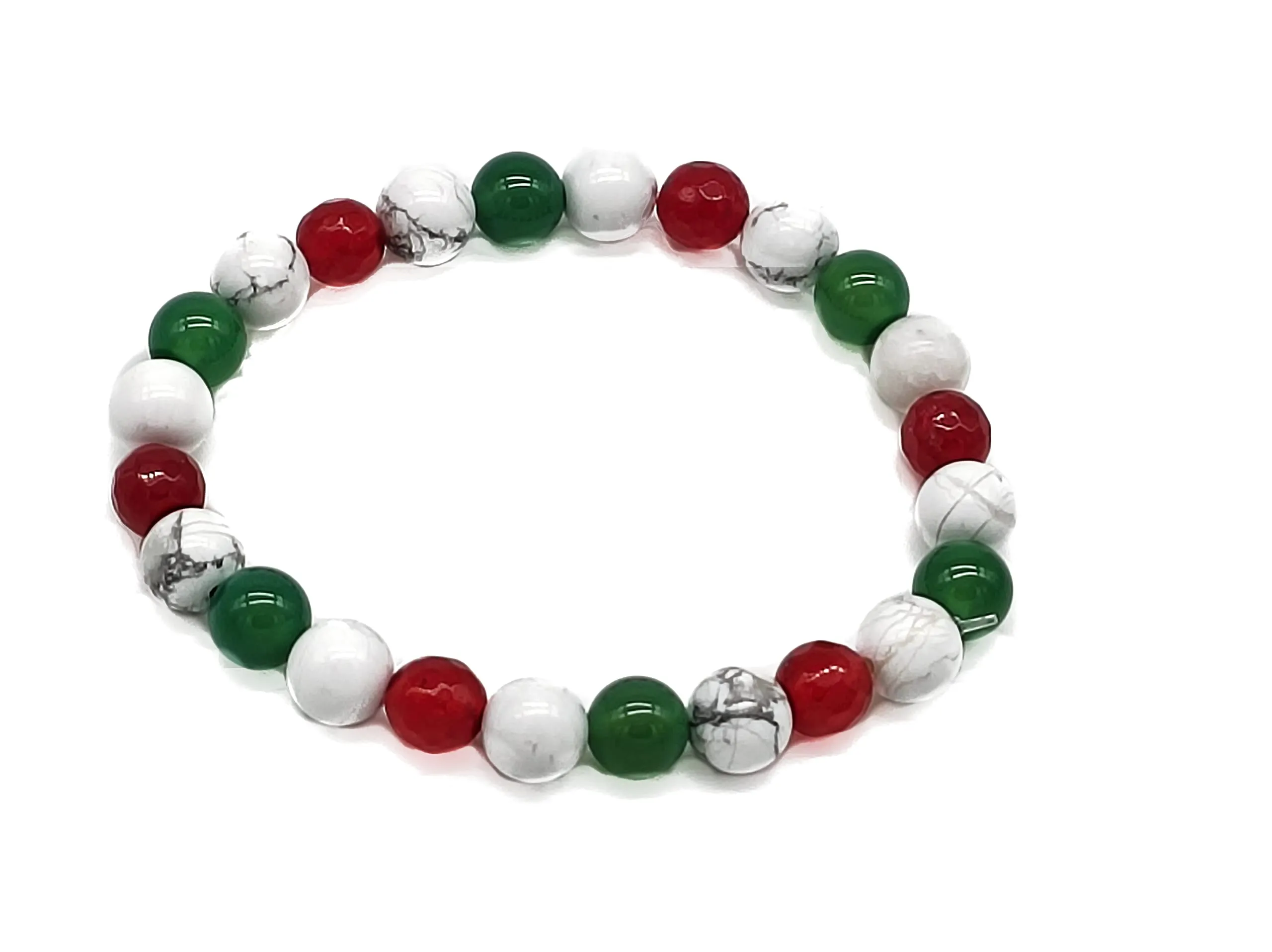 Bracciale Unisex in Agata Verde, Howlite Bianca e Giada Rubino, Pietre Dure Naturali, Elastico 19cm, mod. Italia