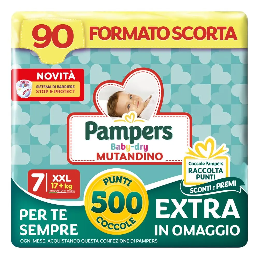 Pampers Baby Dry Mutandino XXL Taglia 7 (17+ kg) - 90 Pannolini + 500 Punti Coccole Extra