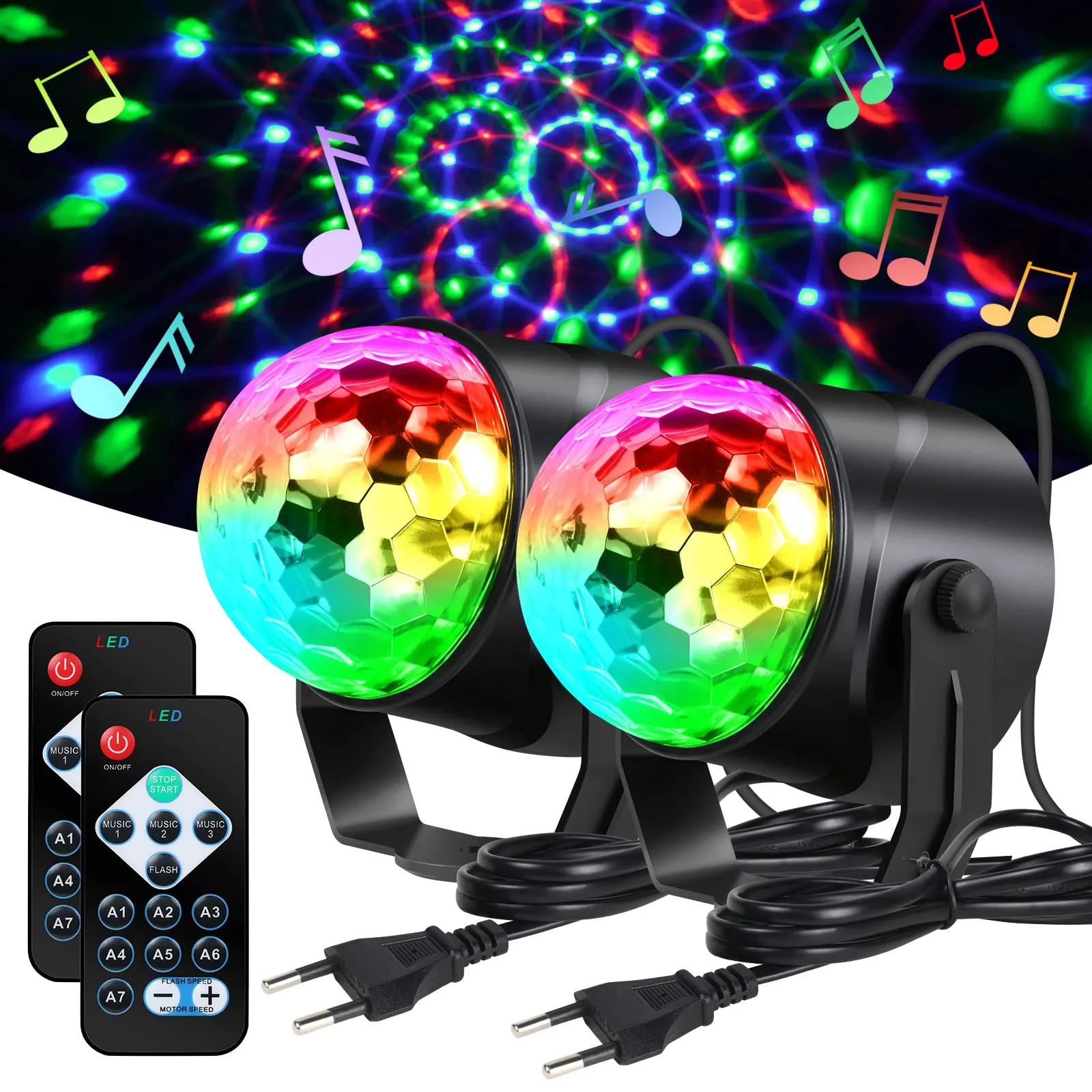 URAQT Luci Discoteca LED, 360° Ruotabile Musica Attivata Telecomando Luci da Festa, 7 RGBP Colori Fari per Illuminazione Palco per Natale, Bar, Club, Festa, Riunione di Famiglia (2 Pezzi)