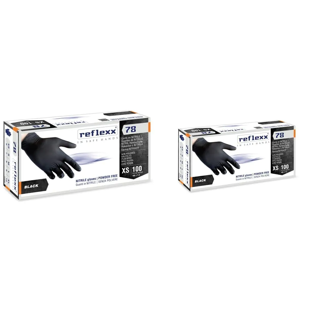 Guanti in Nitrile Reflexx R78 Neri - Taglia M e S, Senza Polvere, Confezione da 200