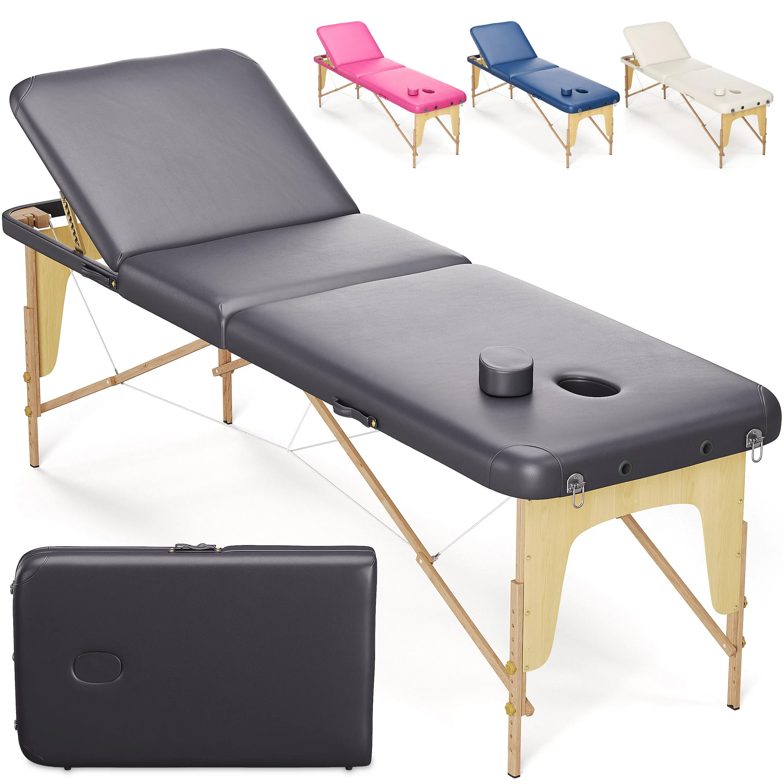 Beltom® Lettino da Massaggio Basic 3 Zone in Legno Portatile - Nero