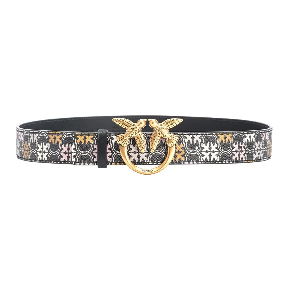Cintura Pinko Love Berry H3 Belt PVC Stampa Logo - Nero/Marrone/Bianco