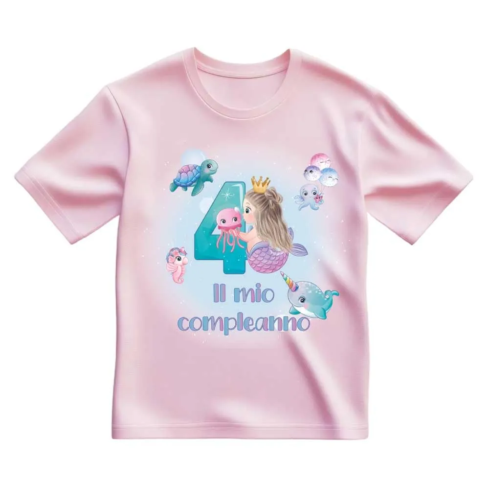 T-shirt Compleanno Sirena - 4 Anni (Rosa, 5/6 Anni)