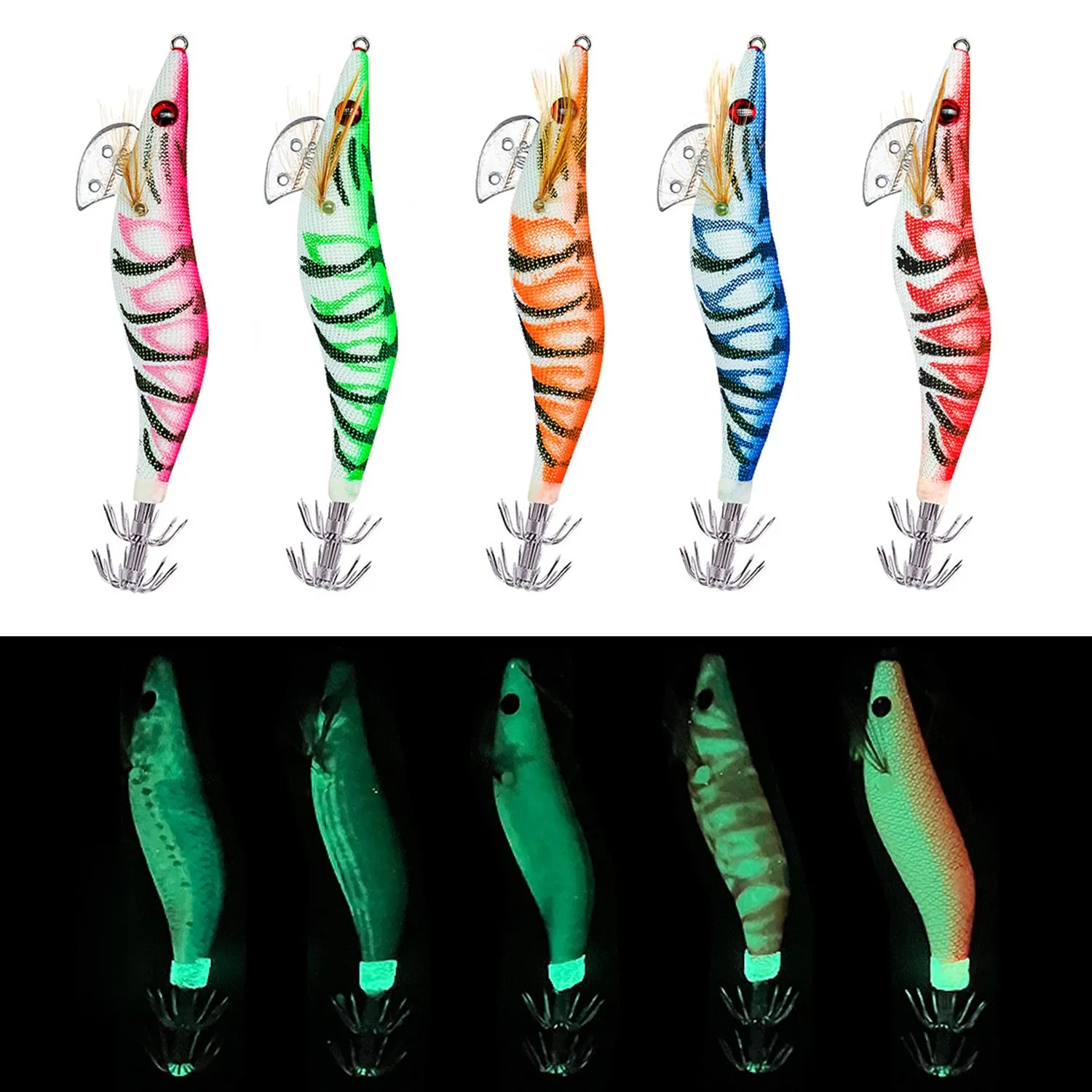 Set di 5 Esche per Gamberetti da Pesca Luminose per Calamari, Seppie e Altri Cefalopodi