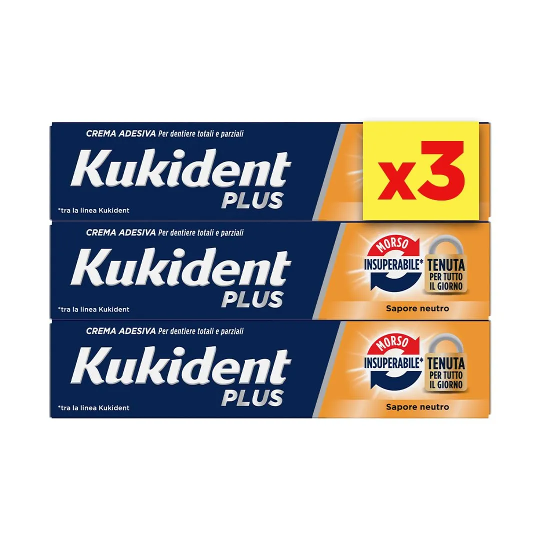 Kukident Plus Crema Adesiva Doppia Azione, 3 Confezioni da 35g, Sapore Menta Leggera, Lunga Durata
