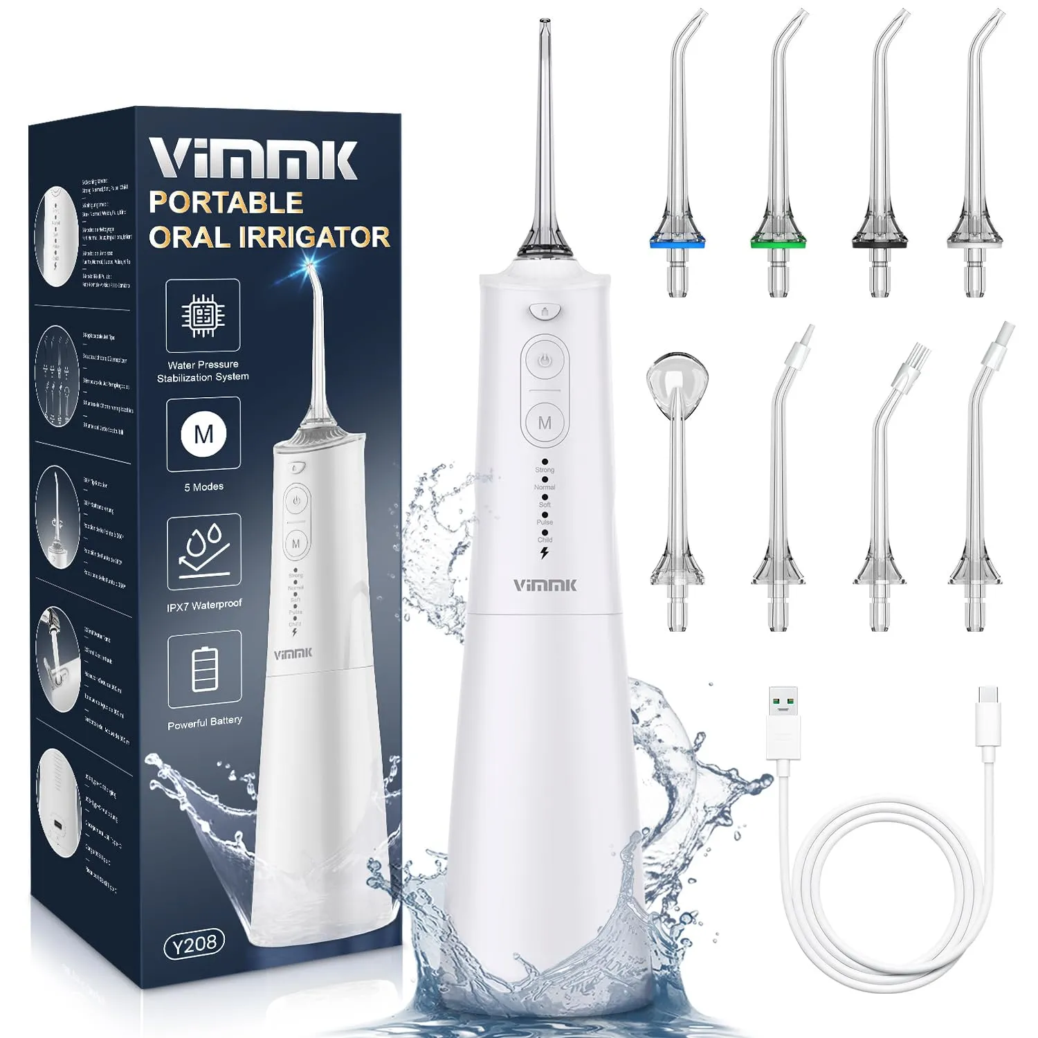 Vimmk Irrigatore Orale Senza Fili, Idropulsore Dentale ad Acqua Ricaricabile IPX7 Impermeabile per Viaggi a Casa (Bianco)