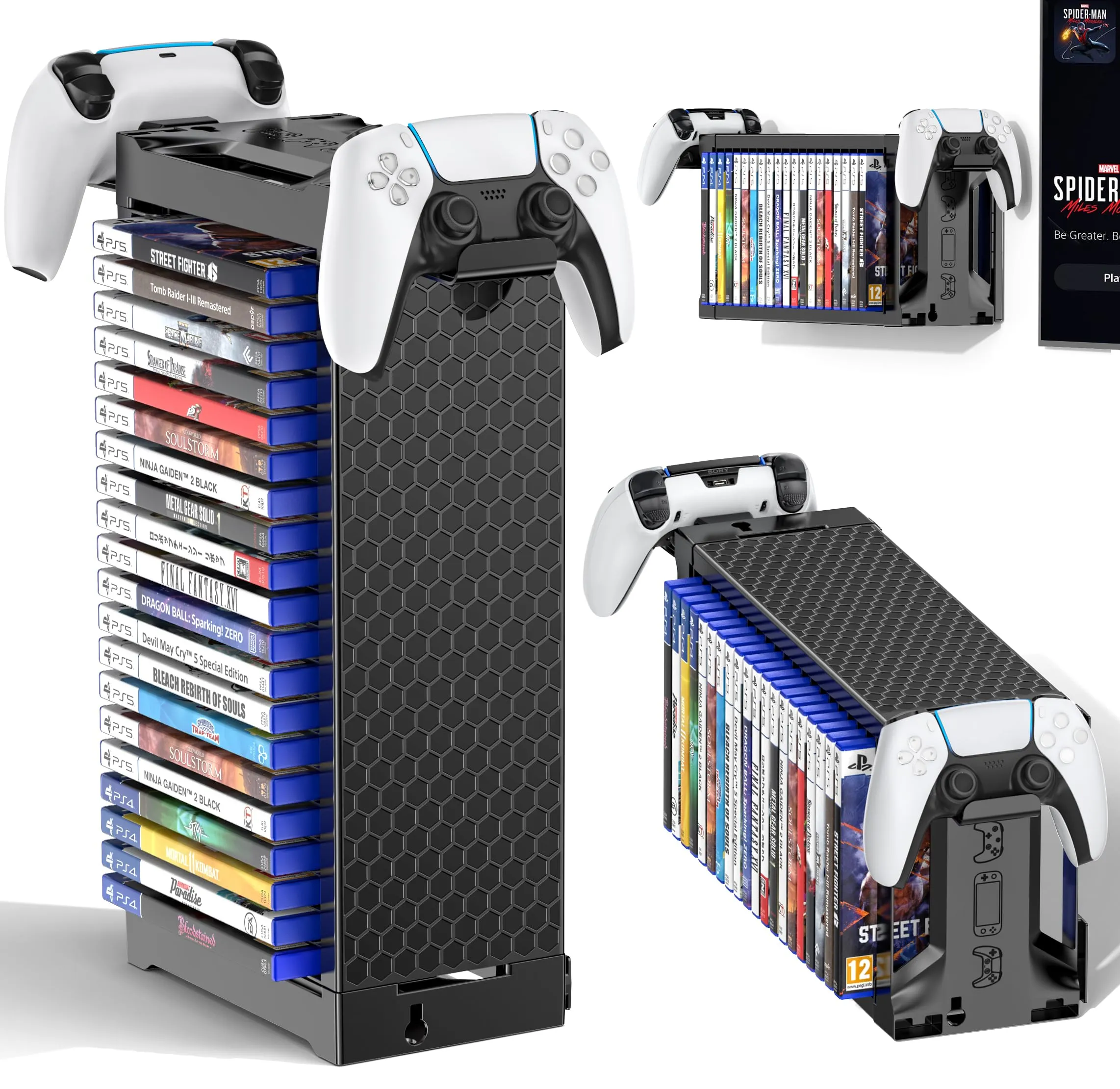 Supporto a Torre per 20 Dischi di Videogiochi con Supporto Controller - Organizer Universale