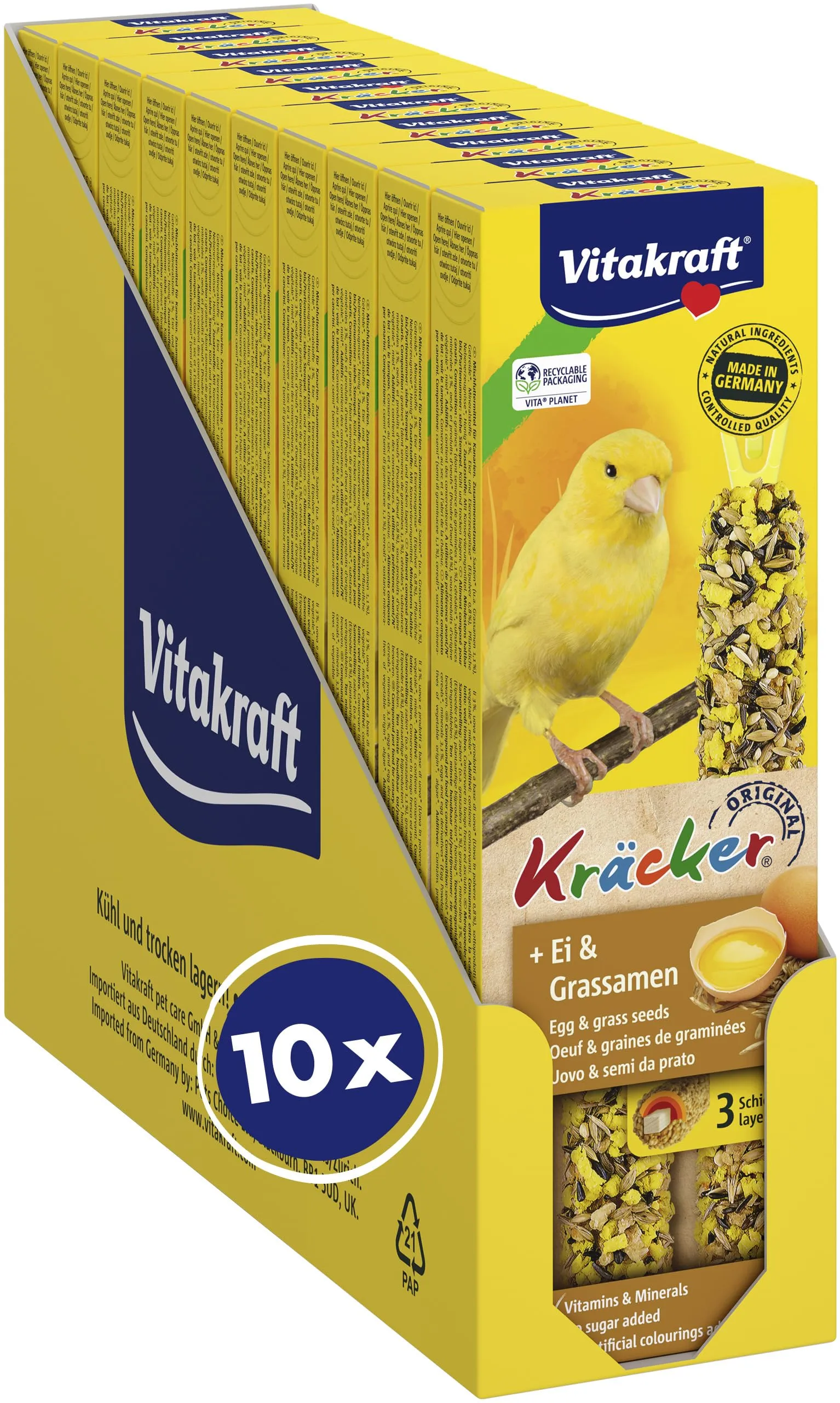 Vitakraft Kräcker, Bastoncini da sgranocchiare per canarini, con Uovo e Semi di Prato, con vitamine e minerali, per divertirsi a Lungo sgranocchiando, Senza l'aggiunta di zuccheri (10x 54g)