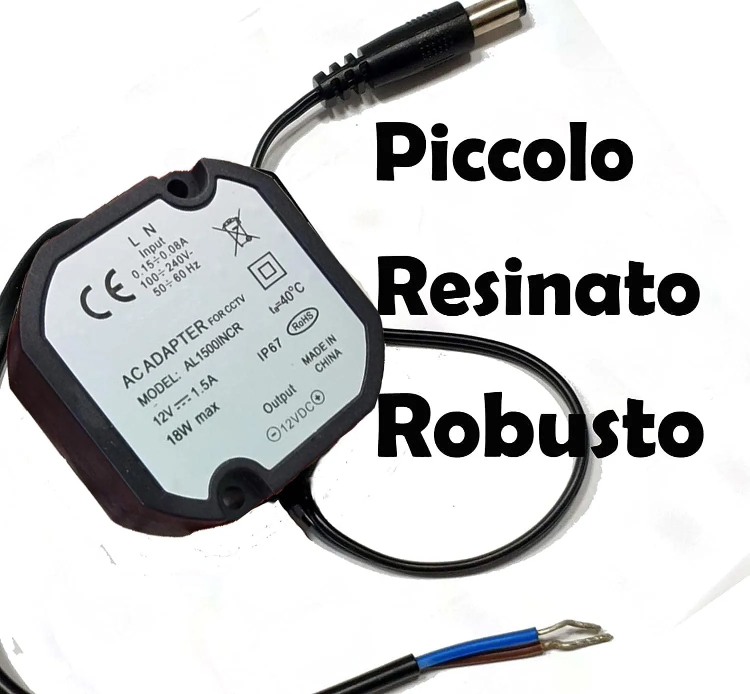 Enterelettronics Kit 2 Alimentatore 12V Stabilizzato (1.5A) Caricatore Universale 18W IP67 per Telecamere Videosorveglianza Stagno con Cavi Alimentazione - Nero
