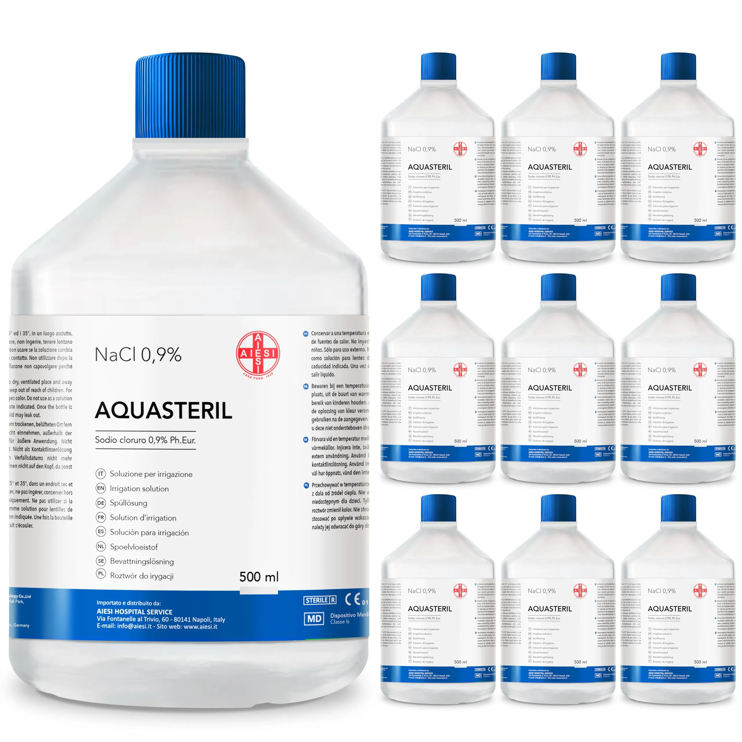 AIESI® Soluzione fisiologica salina per lavaggi nasali ed irrigazione 500 ml sterile con tappo AQUASTERIL (Confezione da 10 pezzi), Sodio cloruro 0,9%