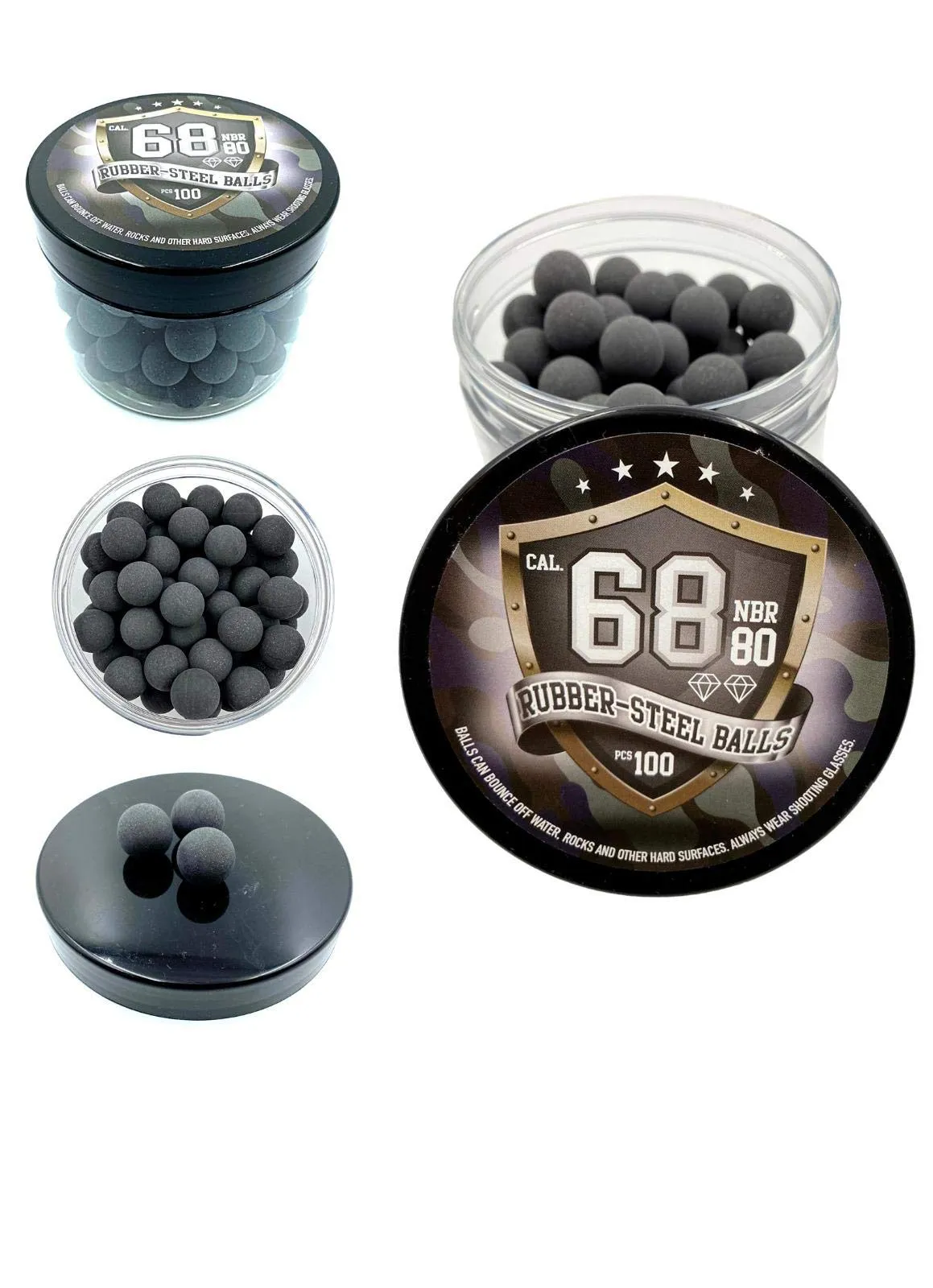 SSR 100 x Premium Hard Mix Rubber Steel Balls Paintballs Reballs Gomma Palline Pistole di Difesa 68 Calibro