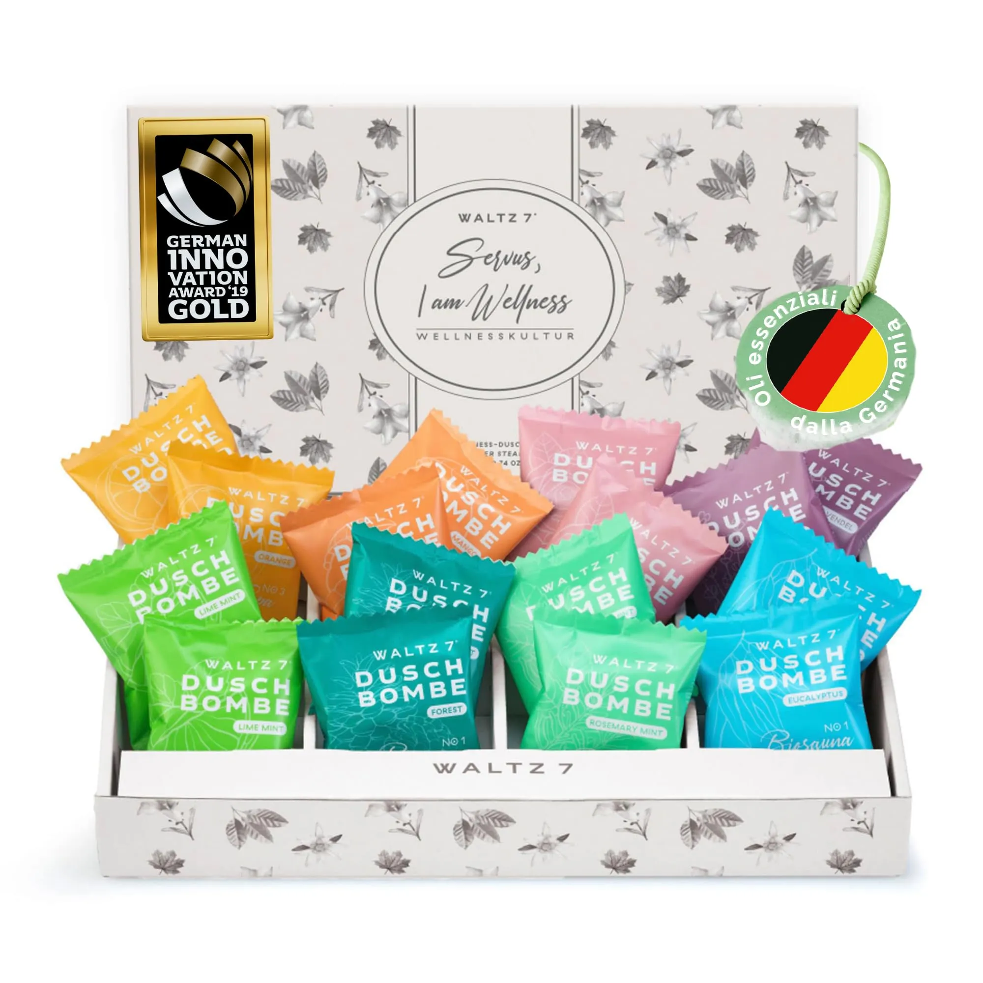 WALTZ Set Bombe da Doccia Aromaterapiche - 16 Pastiglie, 8 Fragranze Naturali