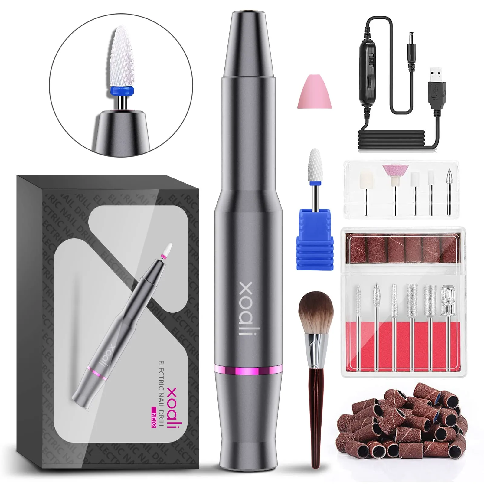 Xoali Fresa per Unghie, 25000RPM Lima Elettrica per Unghie 12 in 1, Fresa per Unghie Professionale Portatile, con Punta in Ceramica, Velocità Regolabile, Manicure e Pedicure Kit per Semipermanente Gel