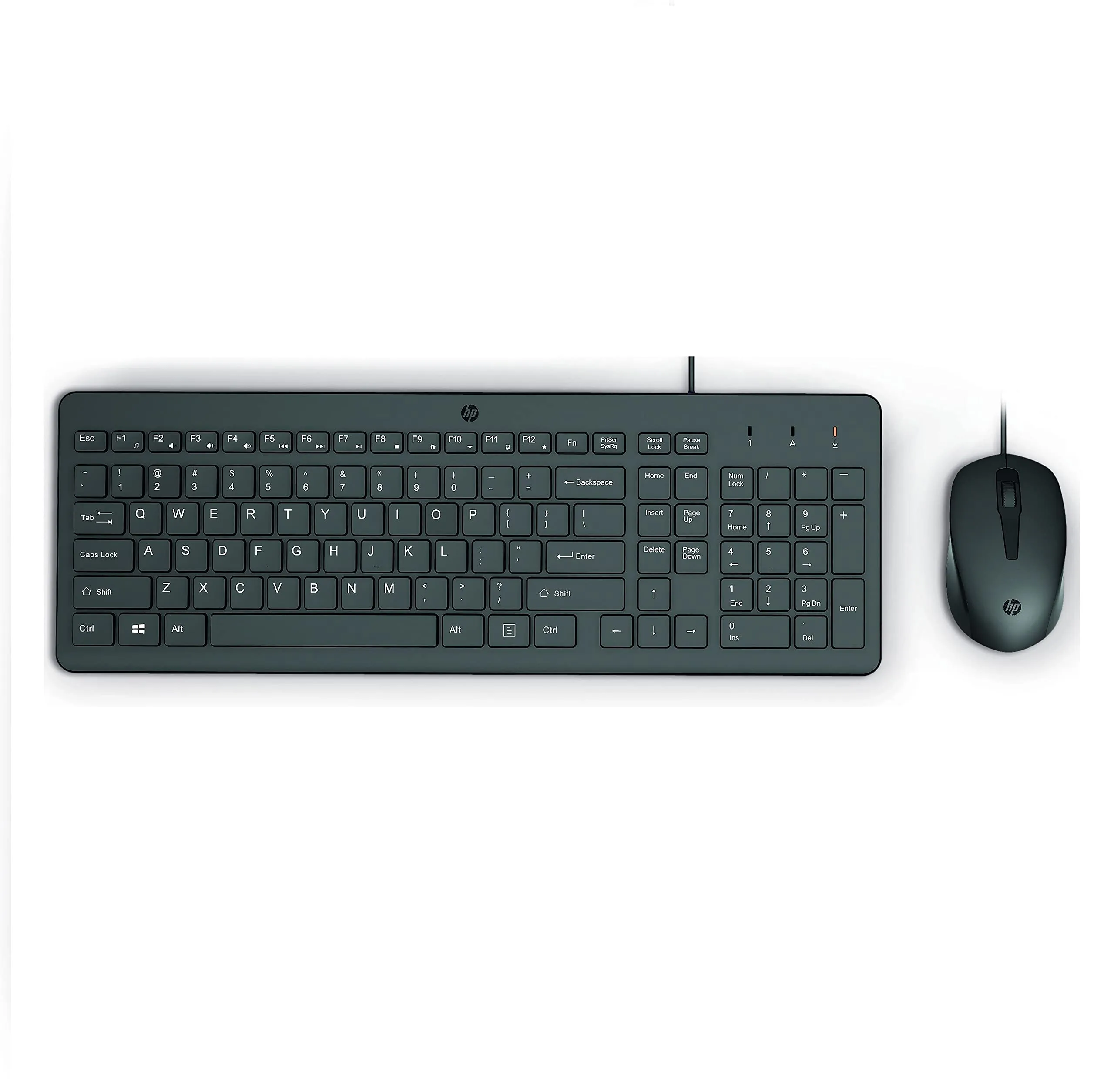 HP 150 Combo Tastiera e Mouse con cavo USB da 100 cm, Indicatore LED Blocco Maiuscole, 12 Combinazioni di Tasti, Plug and Play, Mouse Sensore Ottico da 1600 DPI, Compatibile con Windows 11, Nera