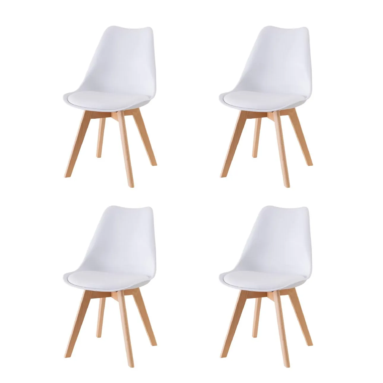 Baroni Home Set 4 Sedie Design Nordico Bianco con Gambe in Legno di Faggio