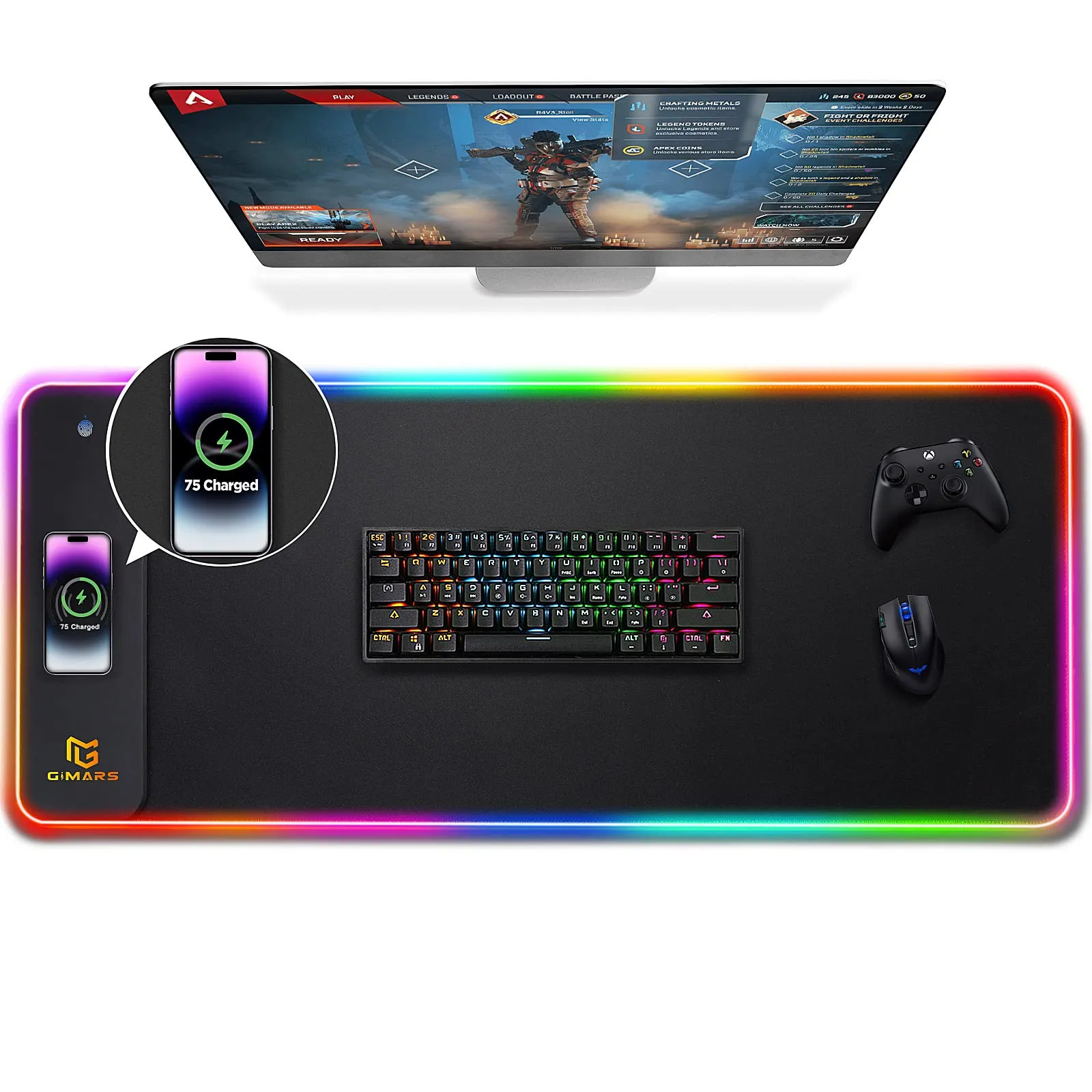 Gimars Tappetino Mouse Gaming RGB con Ricarica Wireless 15W