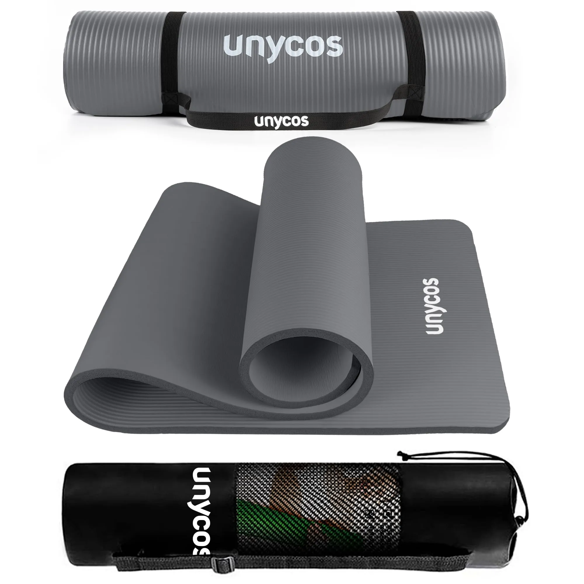 Unycos - Tappetino Antiscivolo da Yoga, Pilates e Ginnastica Extra Spesso 15 mm, 183x60 cm, Materassino Fitness con Schiuma NBR Confortevole, Tracolla, Borsa ed E-Book di 50 Esercizi (Grigio)