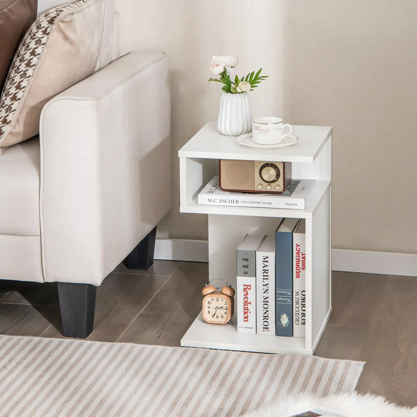COSTWAY Tavolino Laterale a S Bianco con 2 Scomparti - Design Moderno e Funzionale