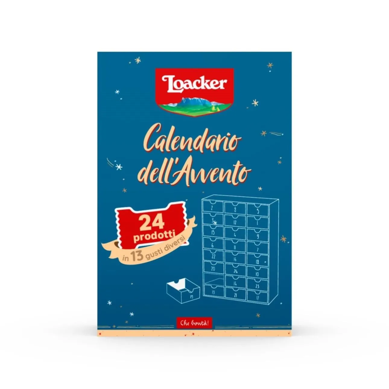 Loacker, Calendario dell'Avvento, 24 Bontà Loacker in 13 Gusti Assortiti, Cofanetto Riutilizzabile con Cassettini Estraibili