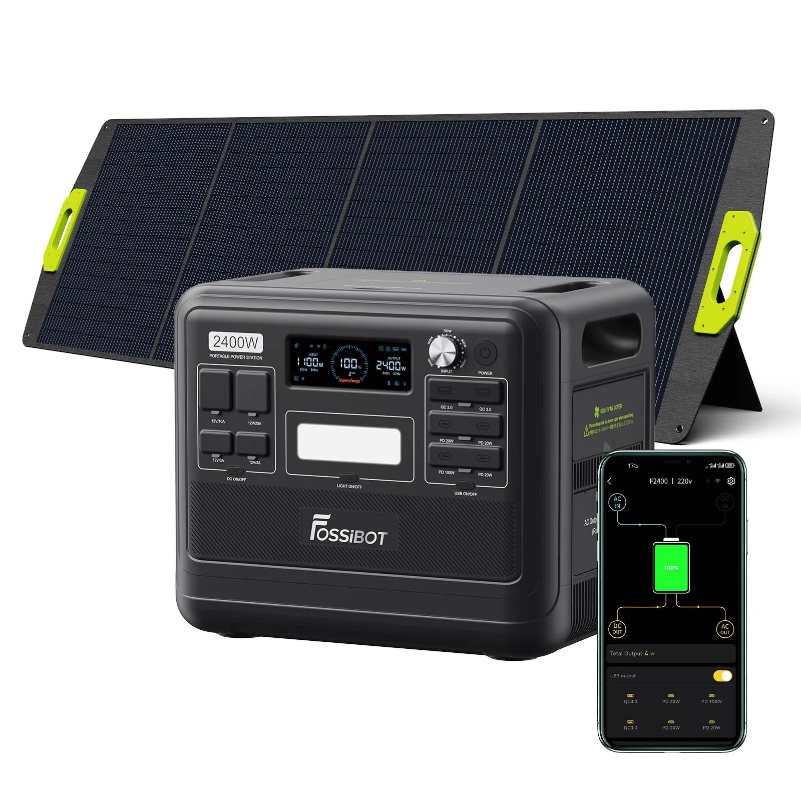 FOSSiBOT F2400 Generatore Solare Portatile 2400W/2048Wh con Pannello Solare 200W