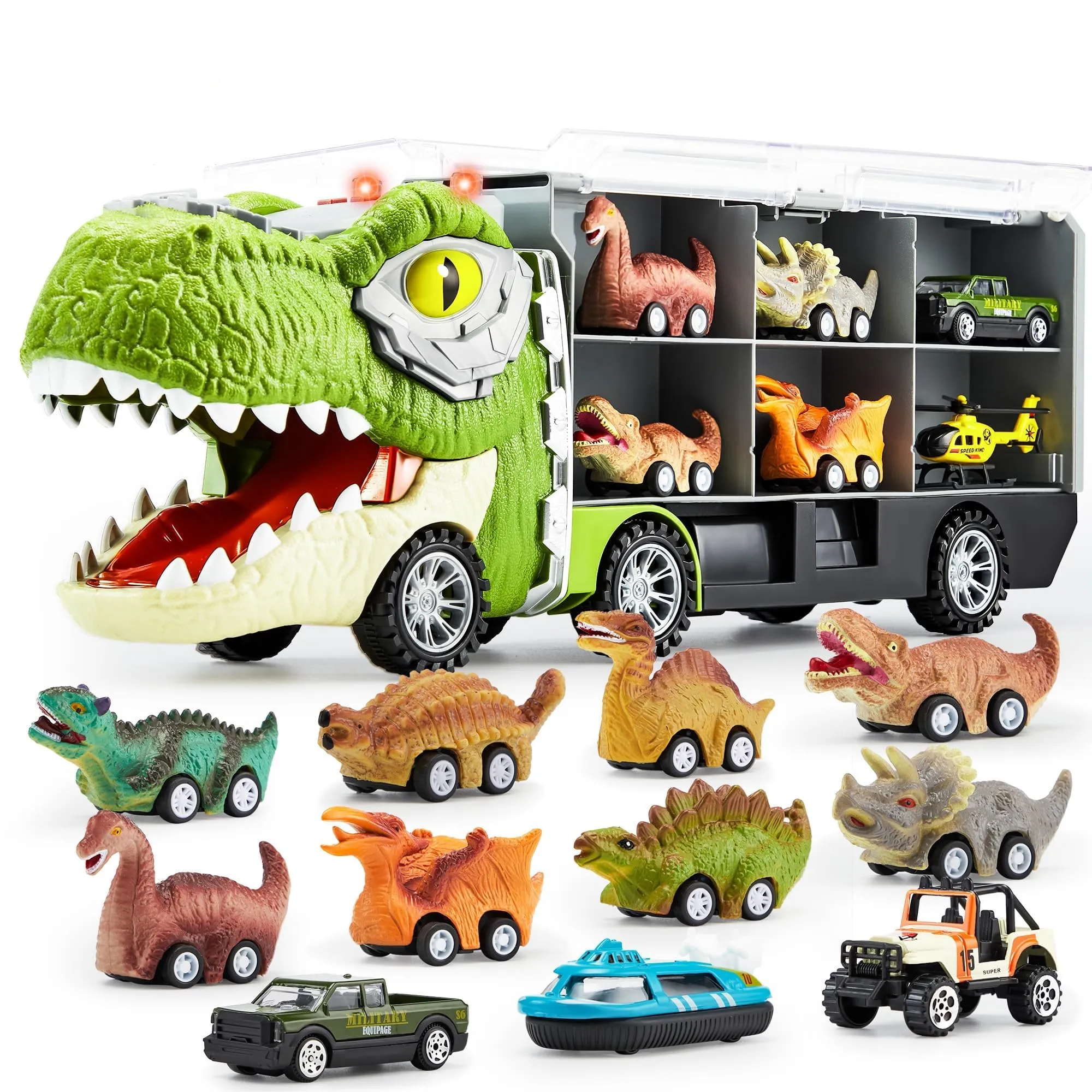 JOYIN Camion Trasportatore Dinosauri con 12 Mini Dinosauri e Elicottero - Set di 13 Pezzi