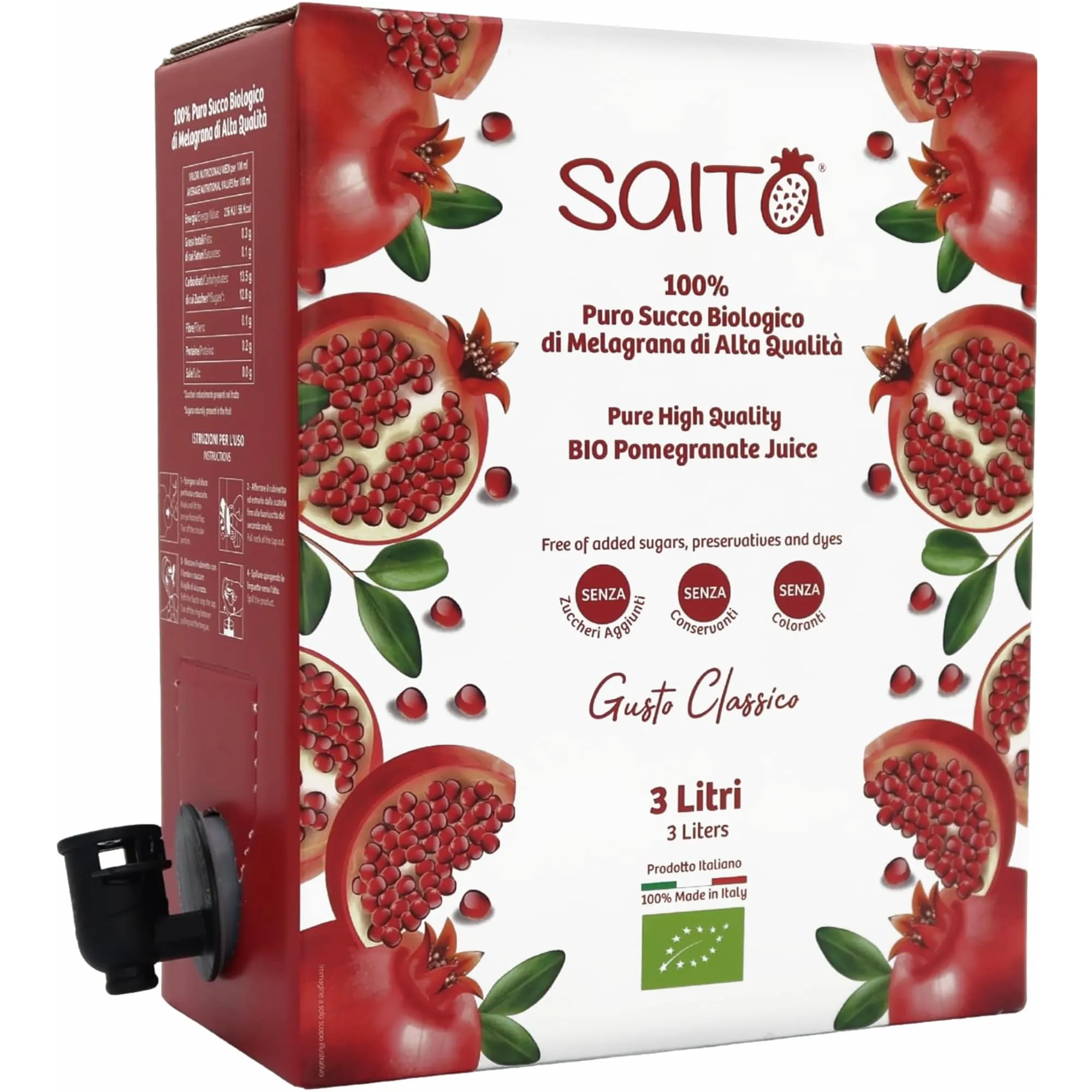 Saita Succo di Melograno 100% Puro Biologico Classico Bag in Box 3l