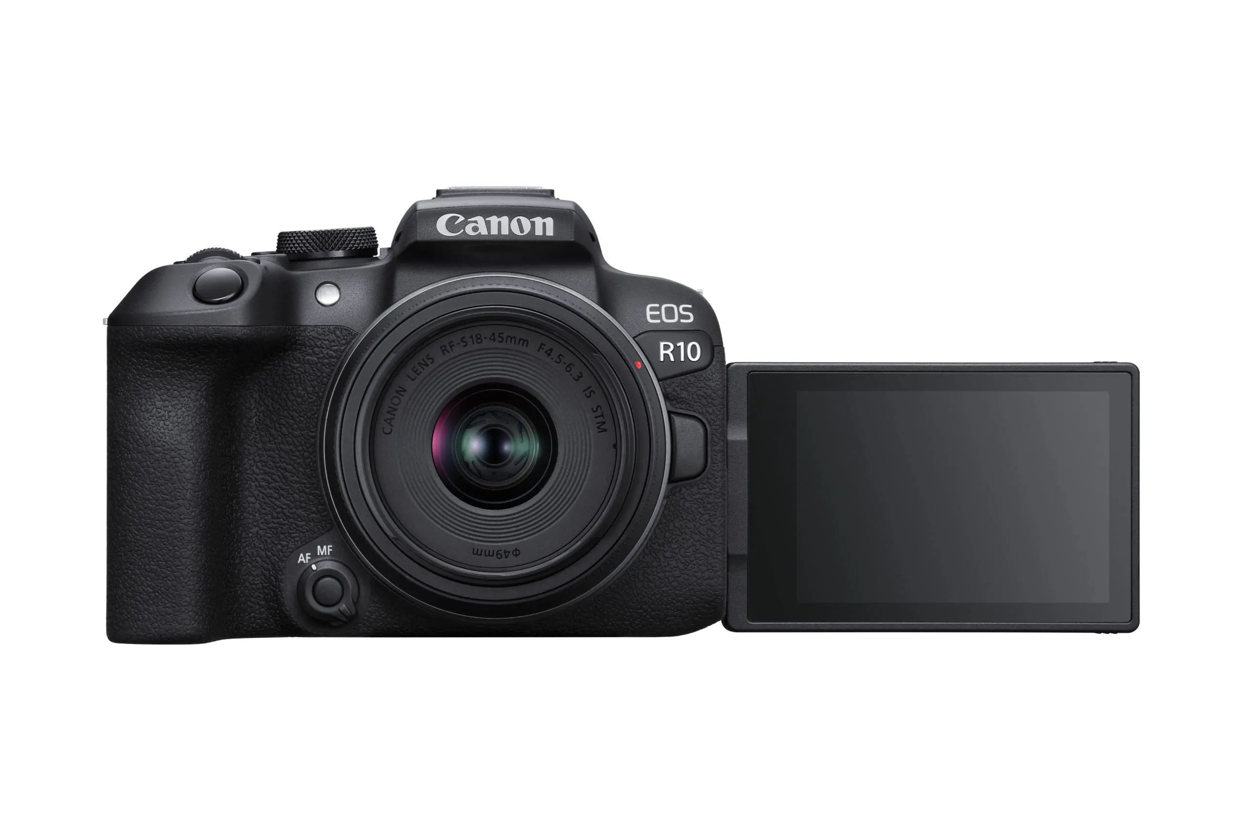 Canon Fotocamera mirrorless EOS R10 + RF-S 18-45 mm F4.5-6.3 con obiettivo STM + adattatore EF-EOS R (fotocamera ibrida, aggiornamento DSLR, 15 B/s, video 4K, Dual Pixel CMOS AF II Focus System,