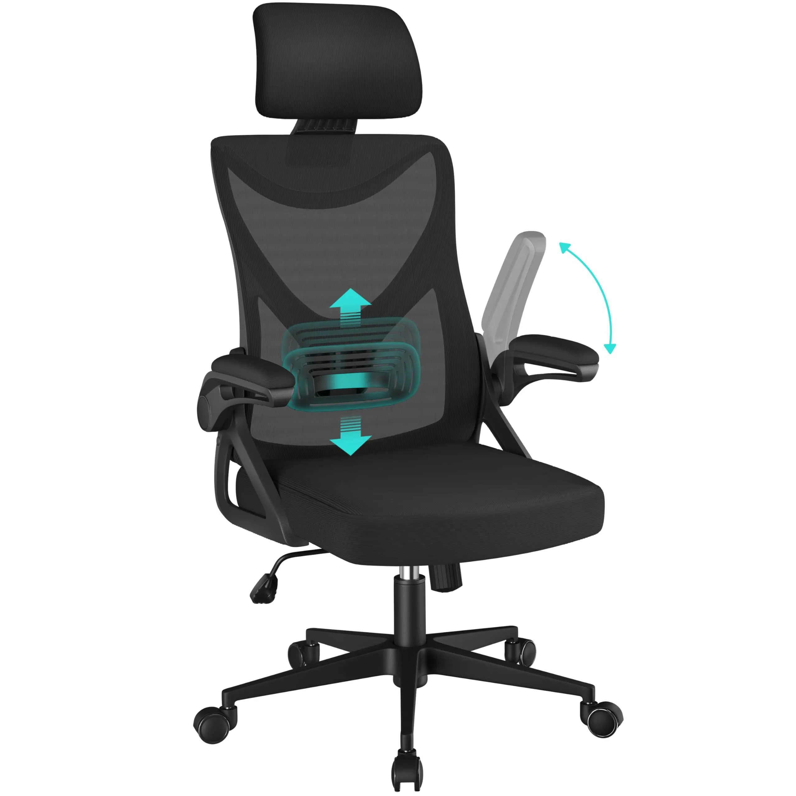 Yaheetech Sedia Ufficio Ergonomica Nera con Supporto Lombare e Poggiatesta