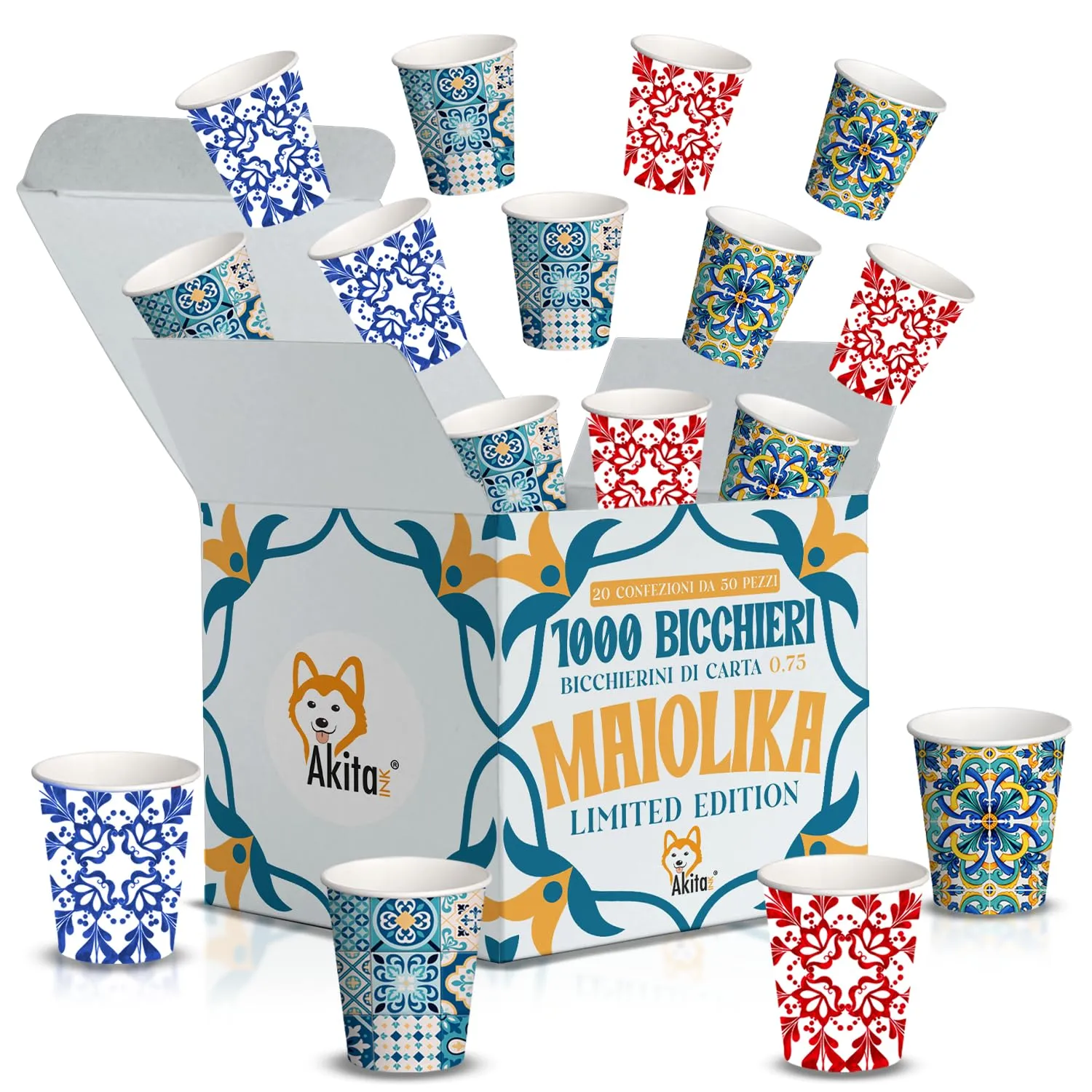 AKITAInk 1000 Bicchierini Caffè Carta 75ml – Design Maiolika Costiera Amalfitana