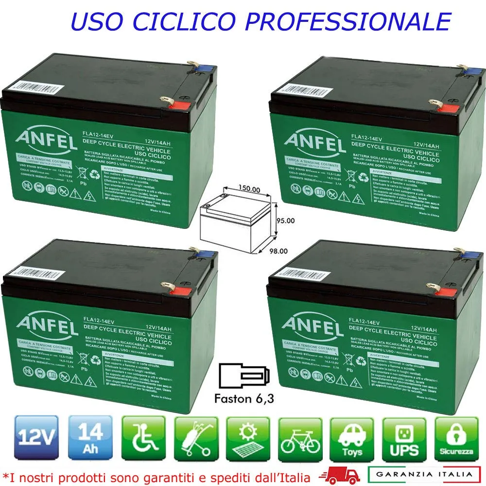 Kit 4 Batterie al Piombo Ricaricabili 12V 14Ah per Trazione Elettrica