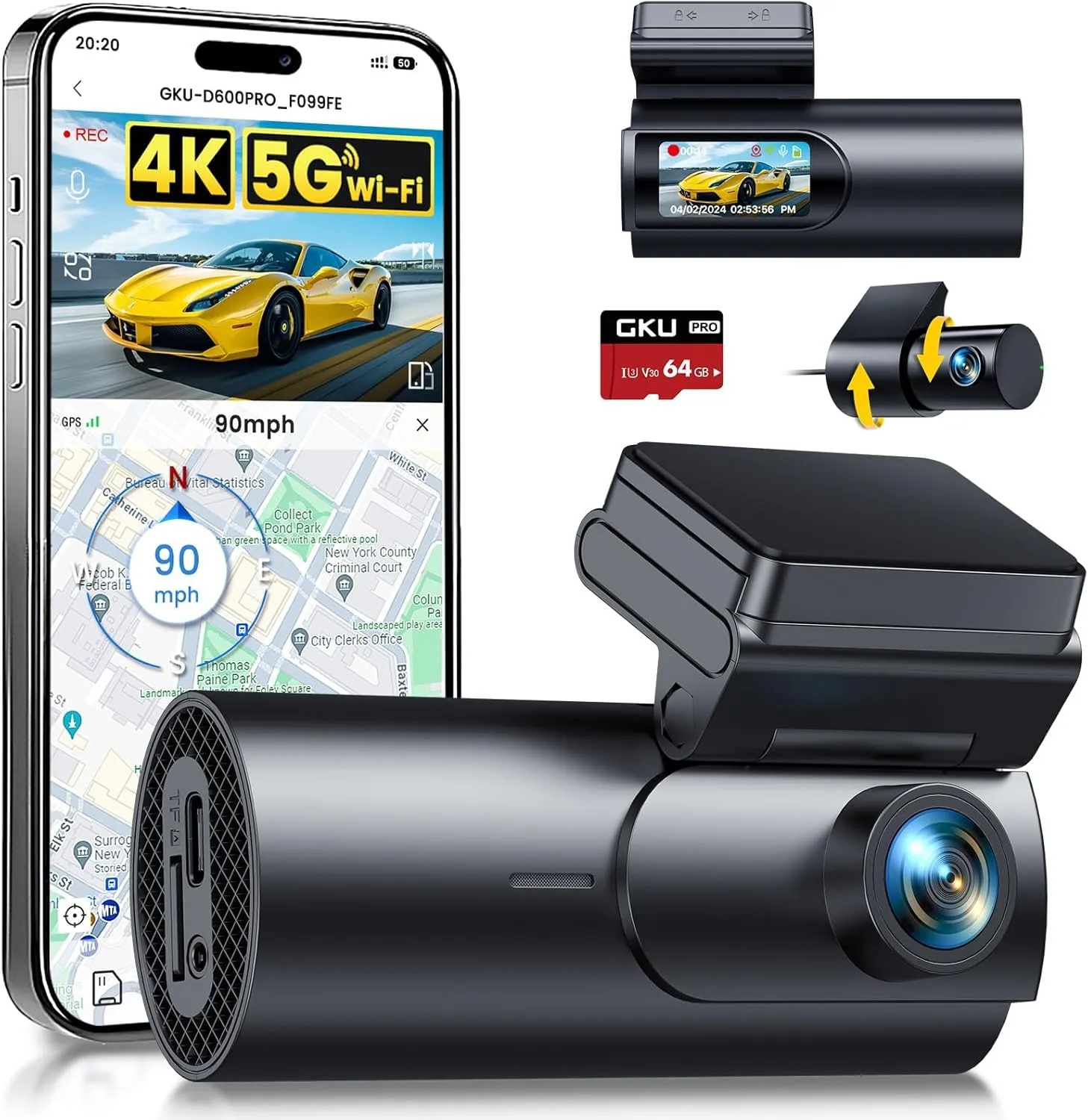 GKU 4K Dash Cam Auto con WiFi 5GHz e GPS