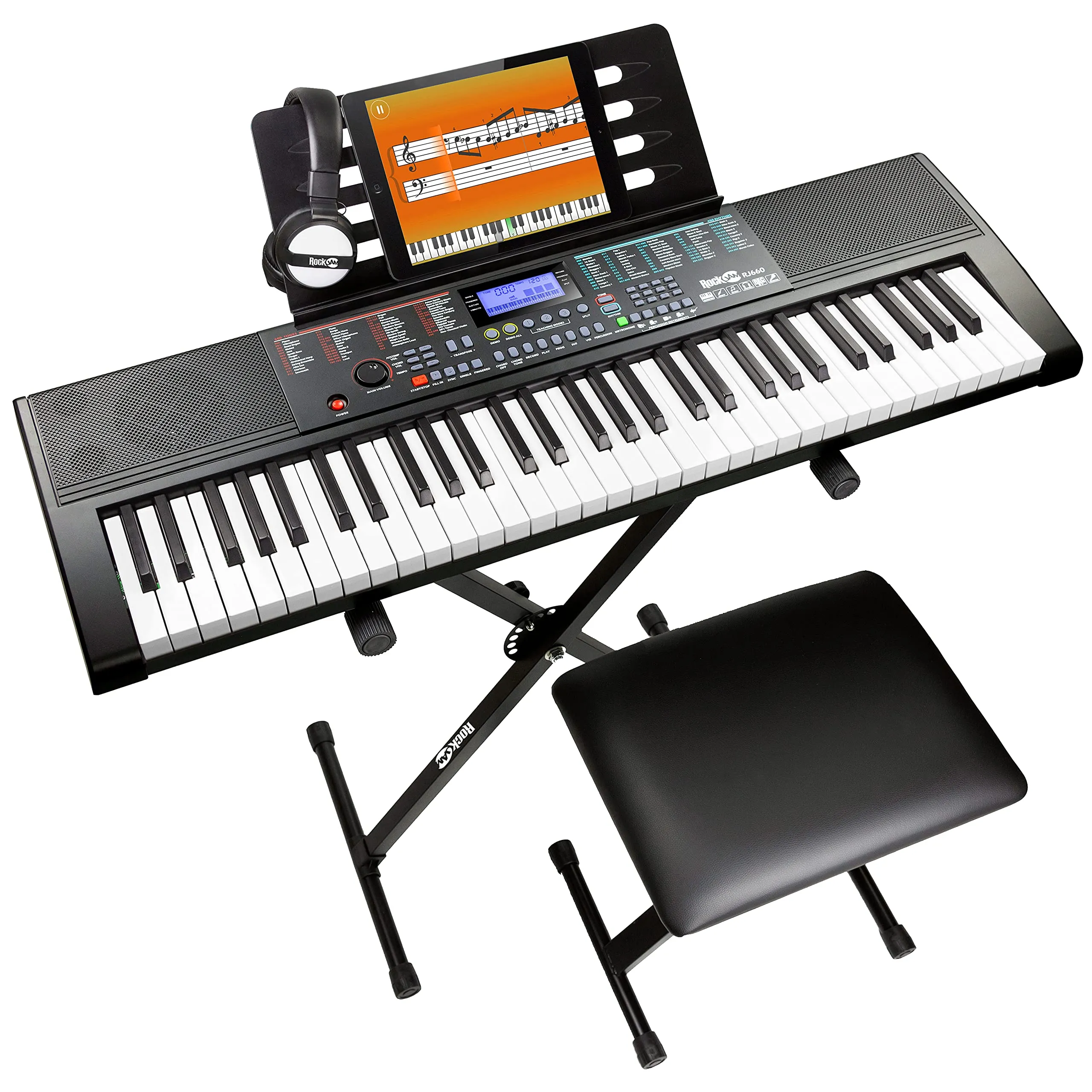 RockJam Kit Tastiera Pianoforte 61 Tasti con Supporto, Panca, Cuffie e Lezioni