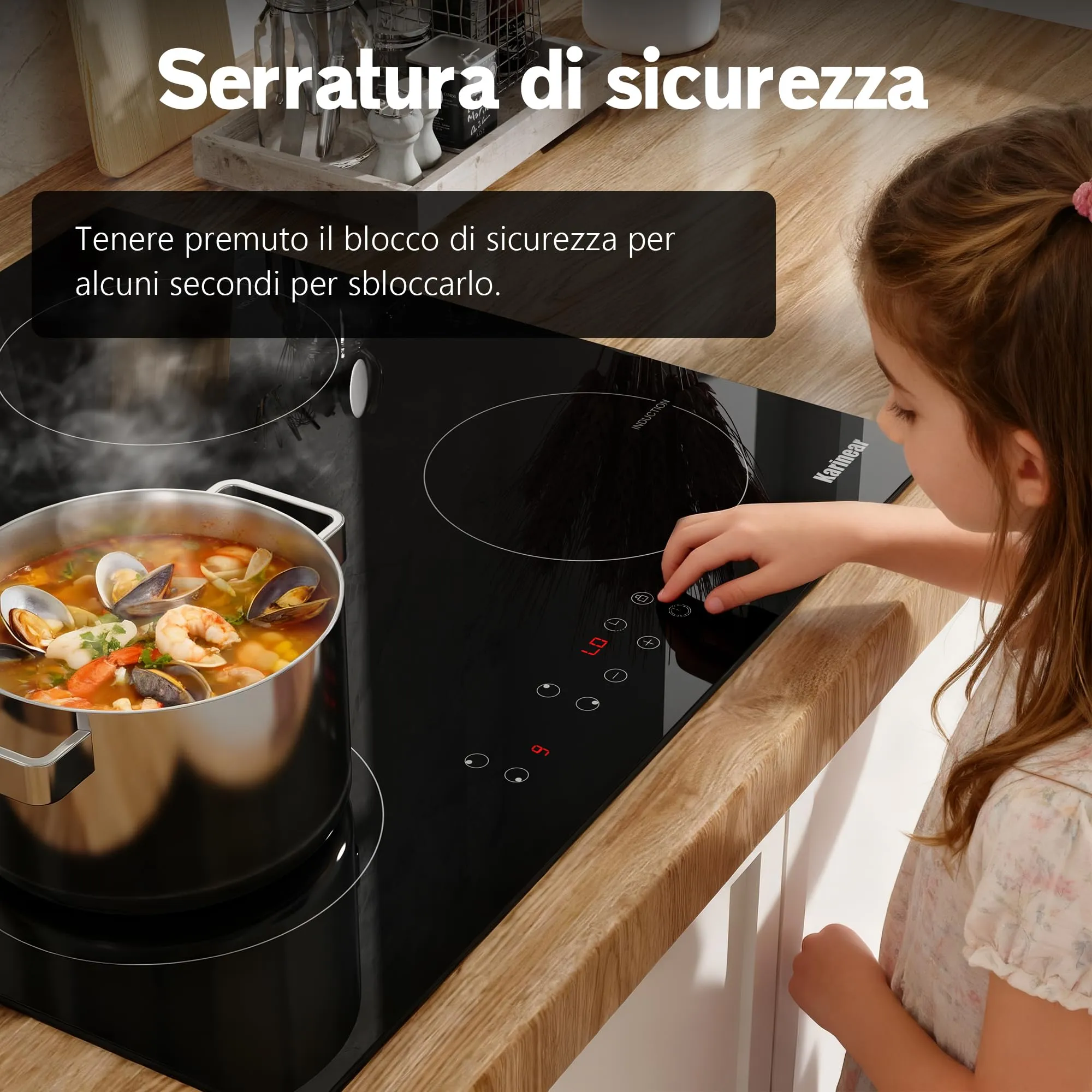 Piano Cottura A Induzione Karinear 4 Fuochi 60 Cm &ndash; 3500W, Flex Zone, 9 Livelli Touch, Blocco Sicurezza, Timer, Boost, Bianco