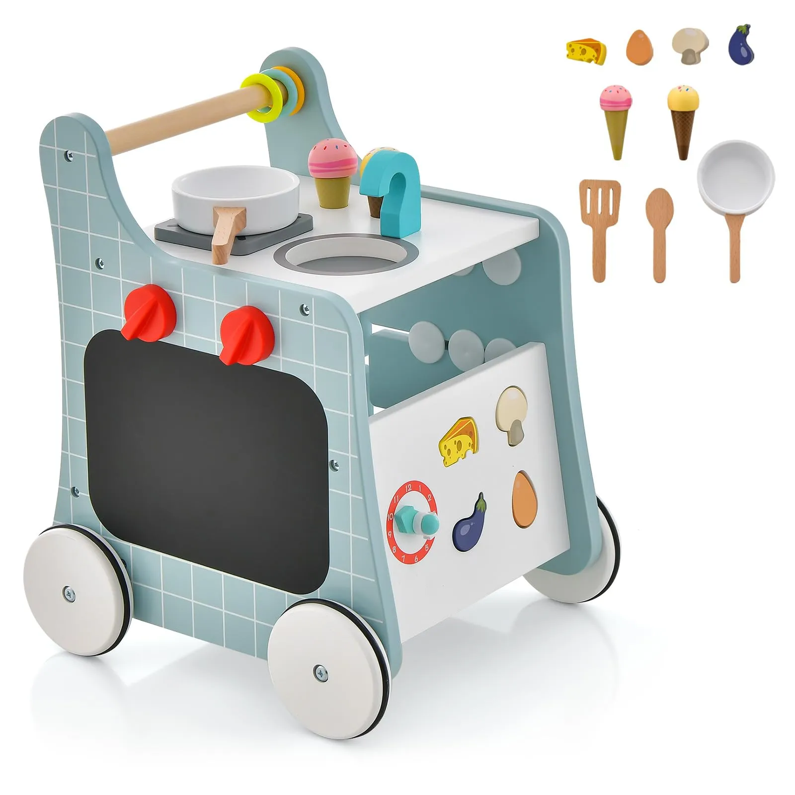 COSTWAY Girello Primi Passi 6 in 1 con Cucina Giocattolo in Legno Blu