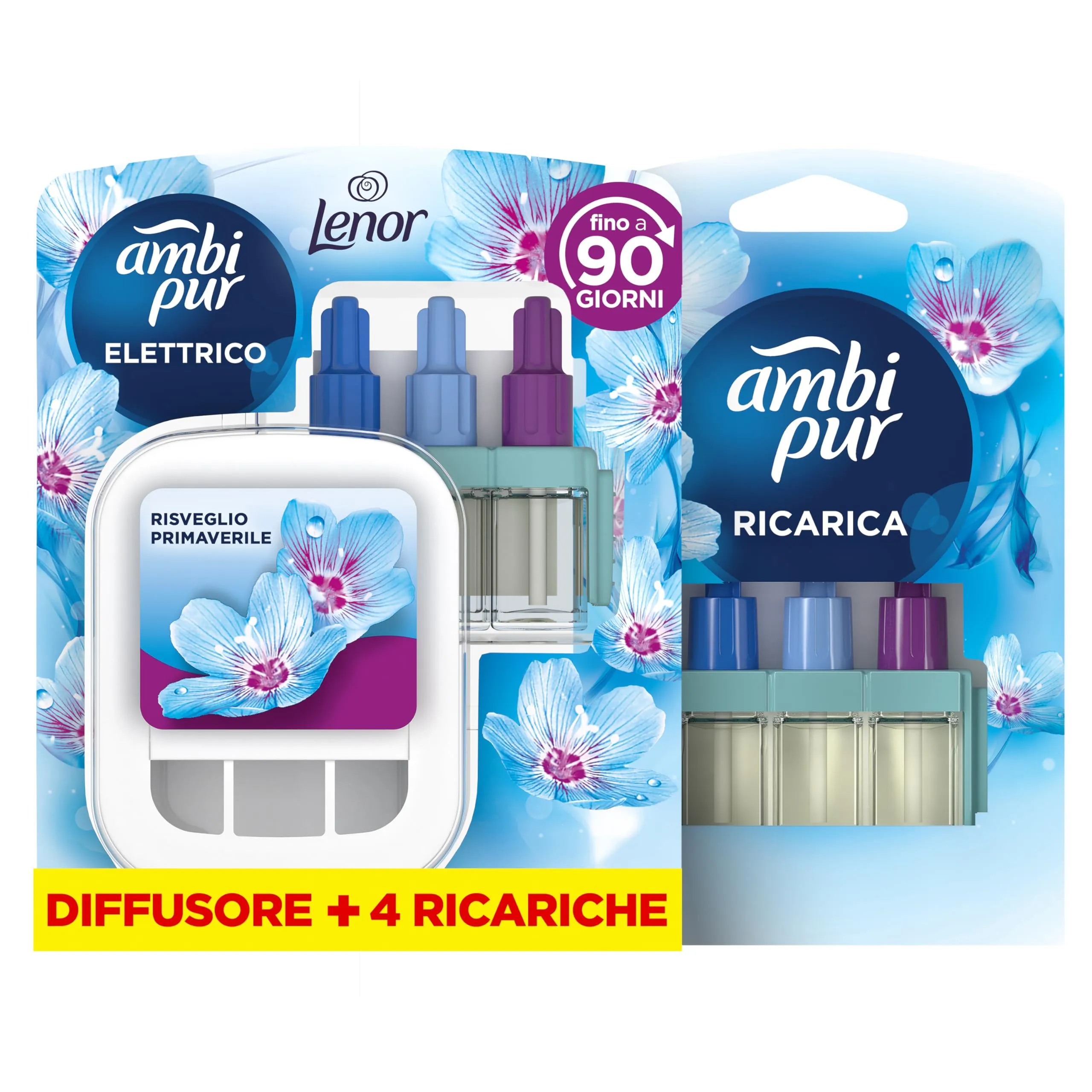Ambi Pur 3Volution Profumatore per Ambienti, Diffusore Elettrico e 4 Ricariche, Fragranza Lenor Risveglio Primaverile, tecnologia Elimina Odori, Fino a 90 Giorni di Profumo per Ricarica