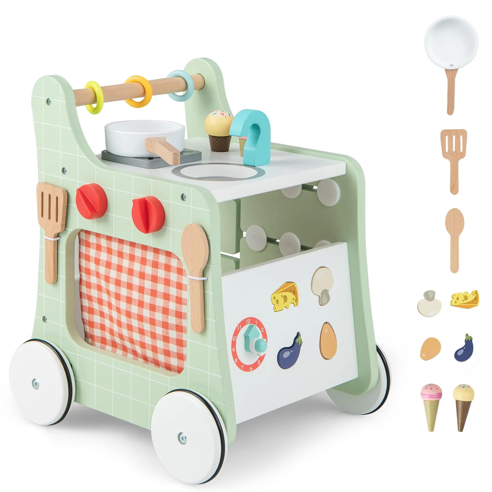 COSTWAY Girello per Bambini 6 in 1 con Cucina Giocattolo in Legno (Verde)