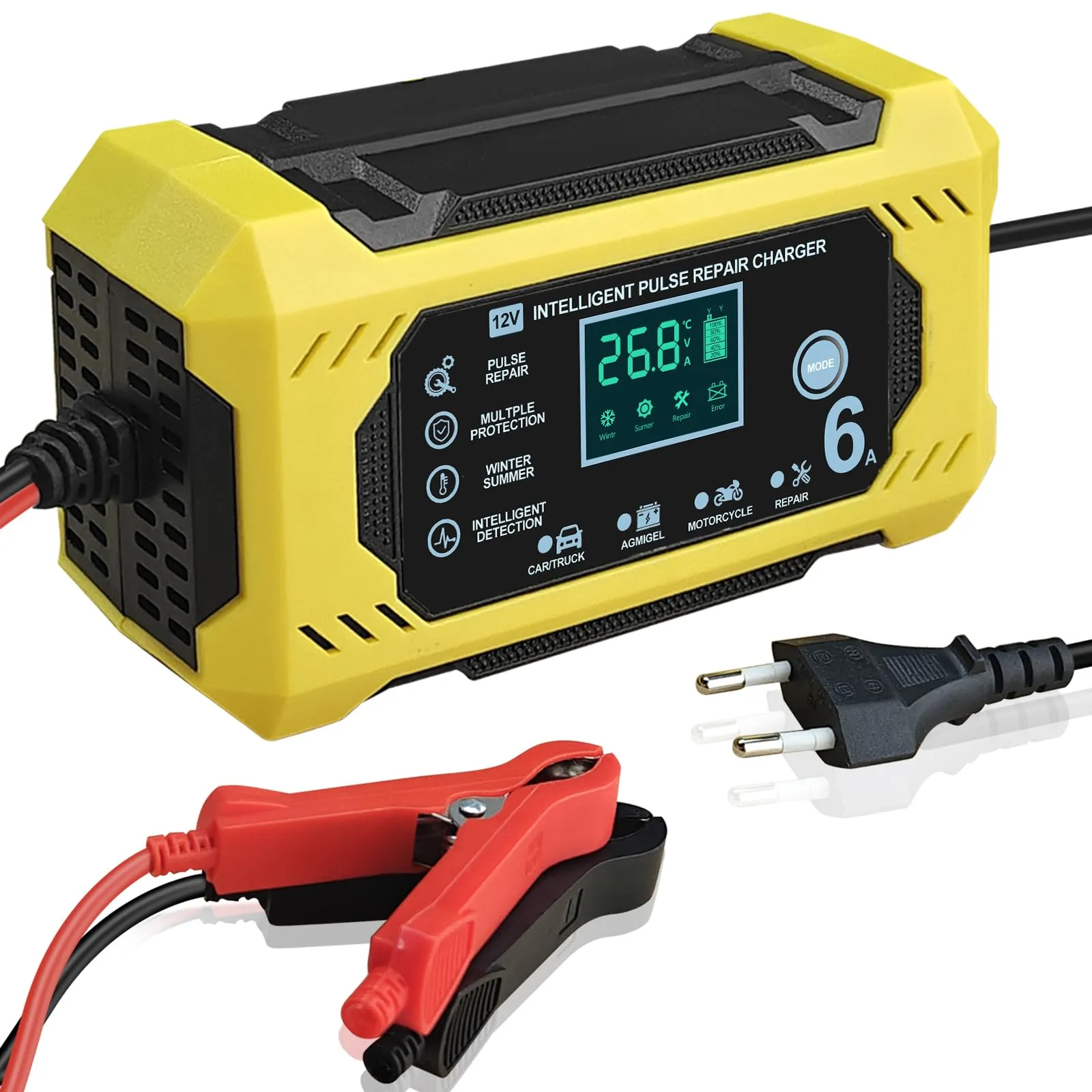 Caricabatterie Intelligente 6A 12V – Completo Automatico Con Display LCD, Modalità Riparazione E 8 Protezioni Per Auto, Moto, Barca (2-100Ah)