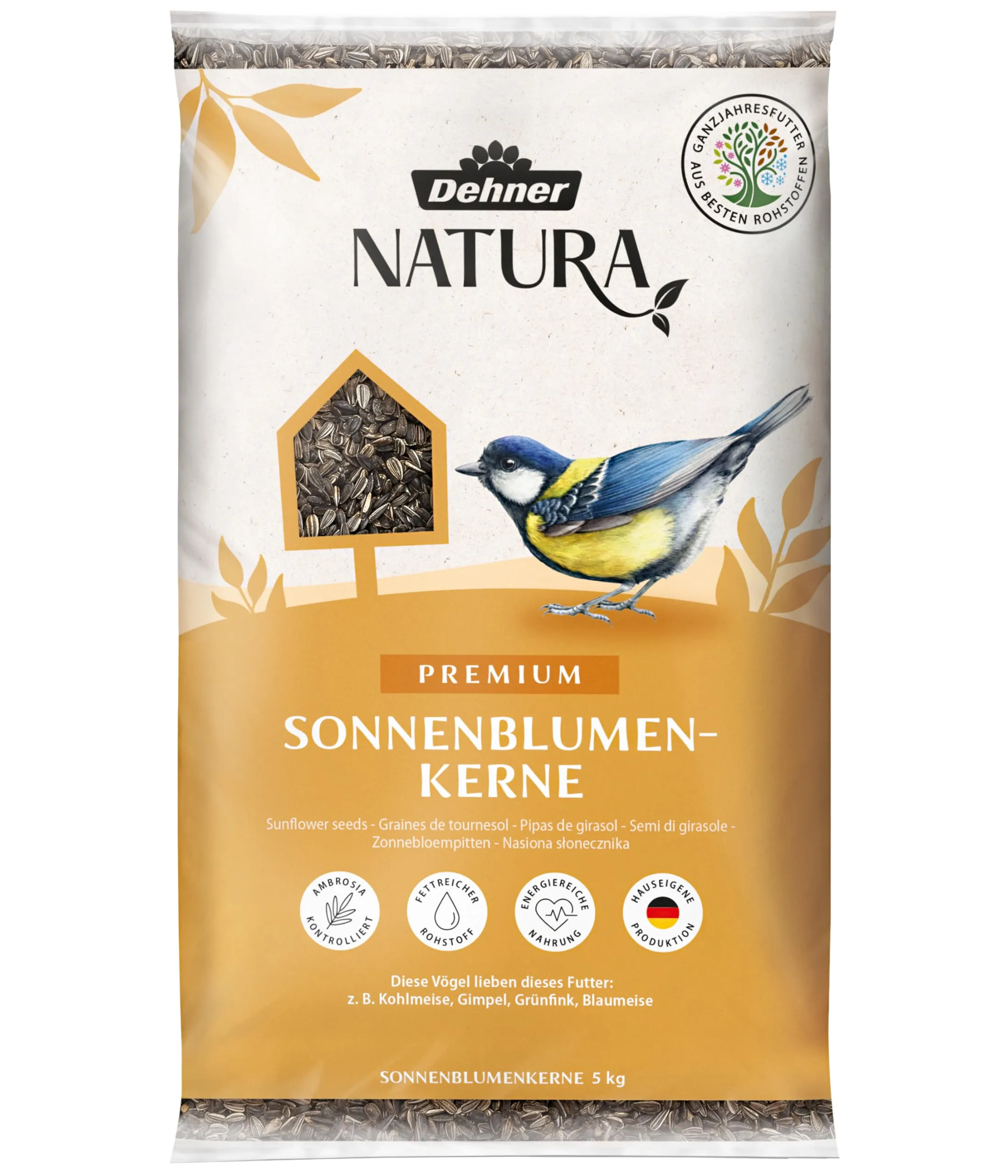 Dehner Natura - Mangime per uccelli selvatici, semi di girasole, 5 kg