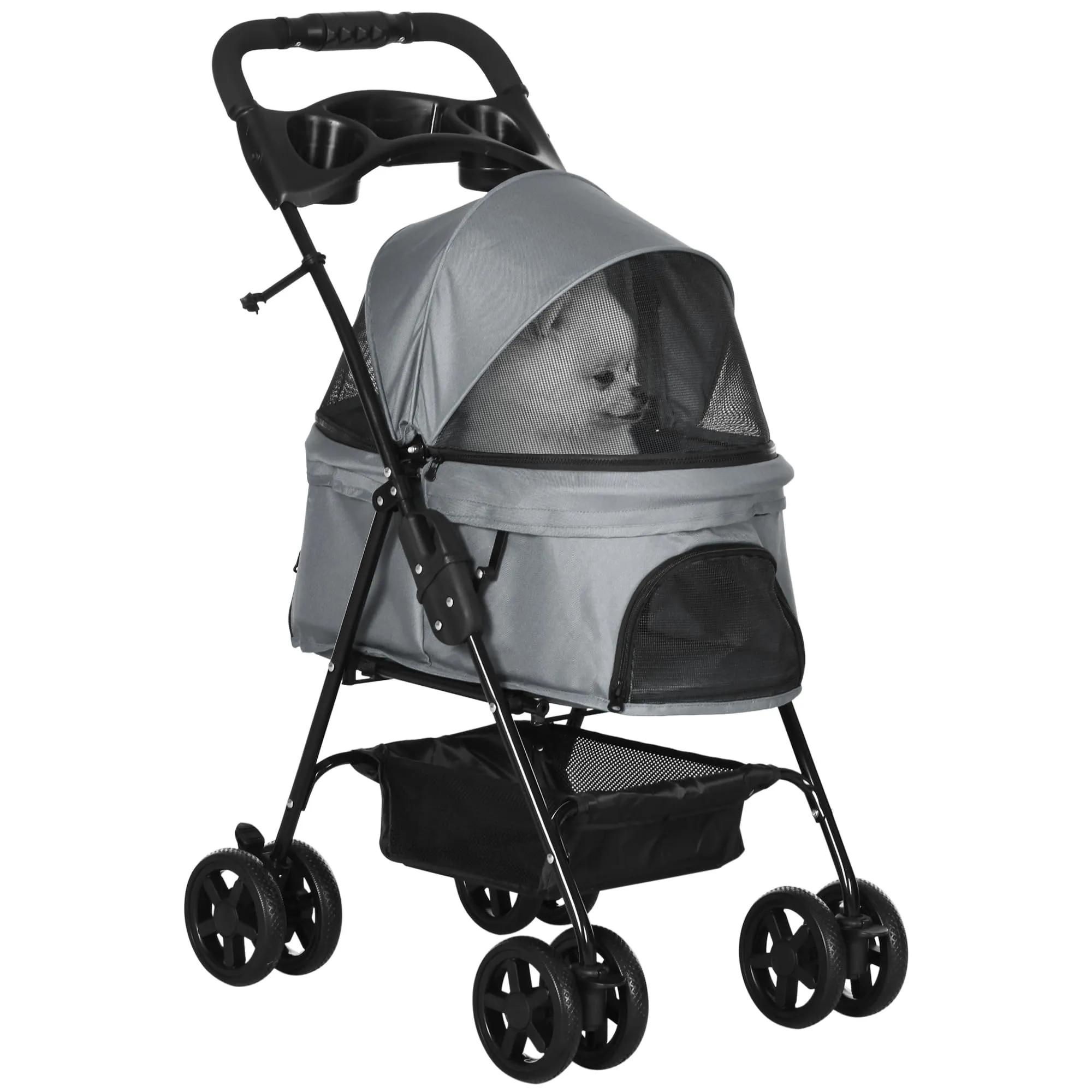 PawHut Passeggino per Cani Piccoli Pieghevole, Ruote Girevoli con Freno in EVA e Guinzaglio di Sicurezza, 67x45x96cm, Grigio