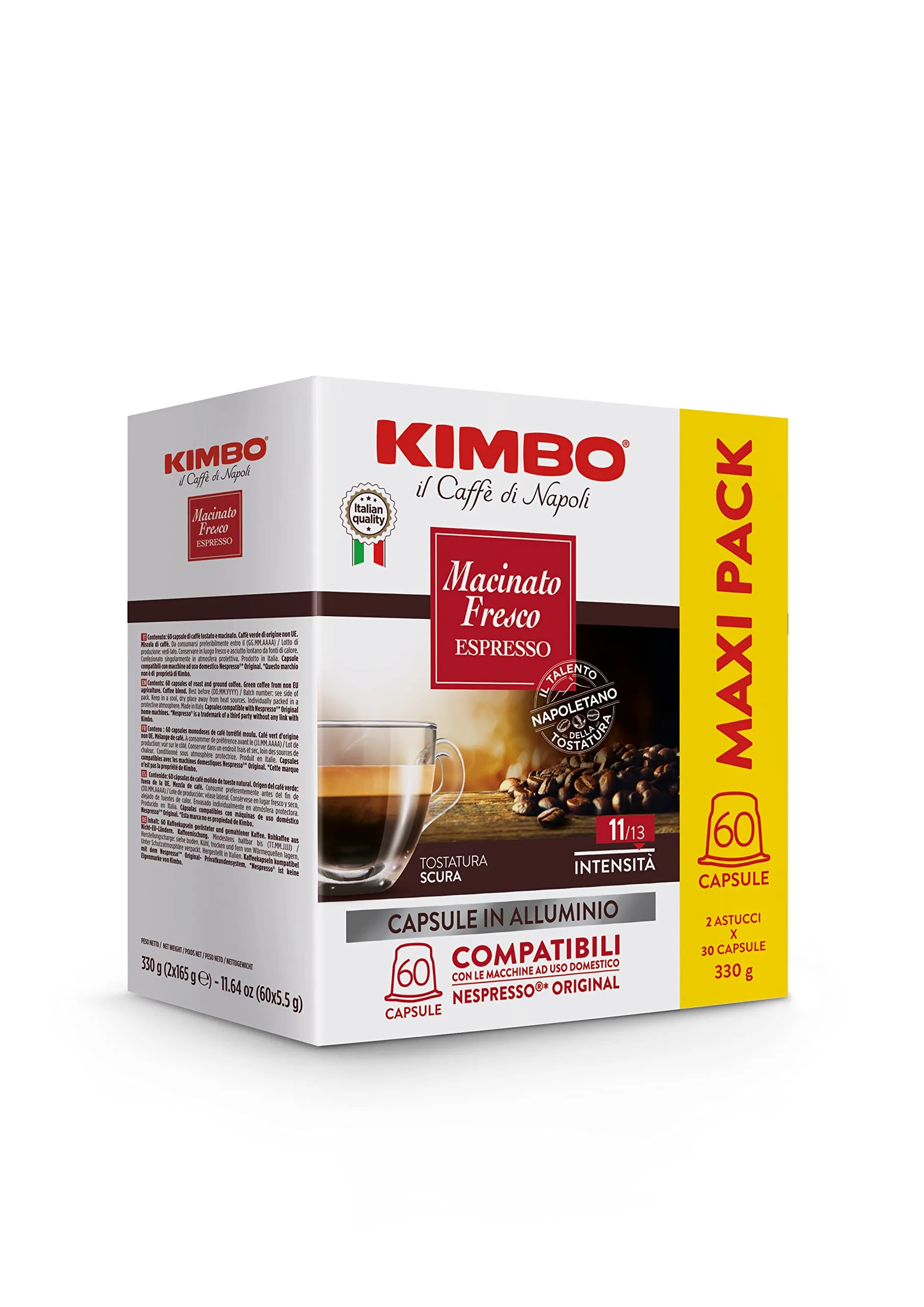 Kimbo Macinato Fresco: 60 Capsule Alluminio Compatibili Nespresso®* Original®* - Miscela Forte e Corposa