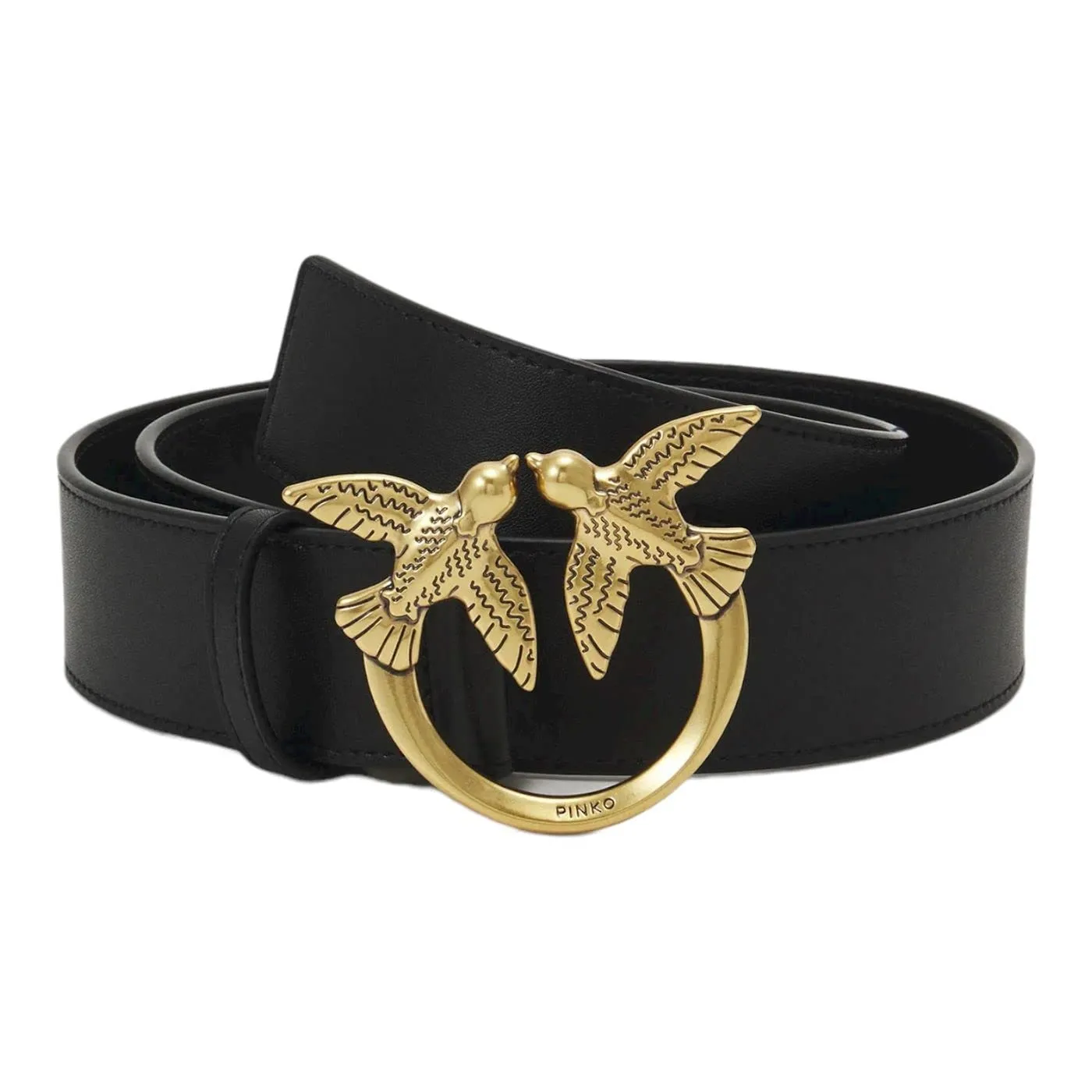 Cintura Pinko Love Berry Simply H4 in Pelle Nera con Fibbia Love Birds Oro Antico