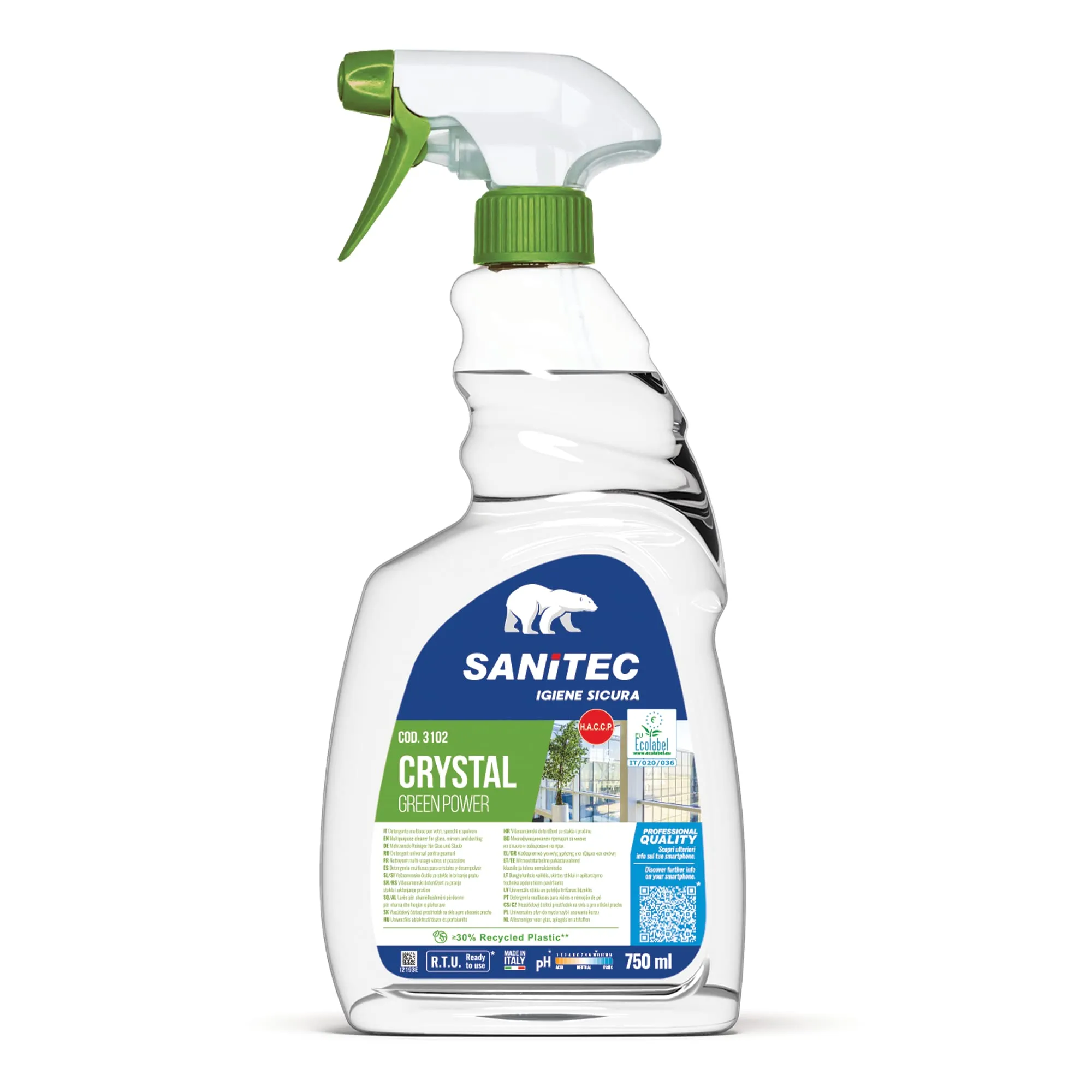 SANITEC Vetri Green Power - Detergente Ecologico Multiuso per Vetri e Cristalli