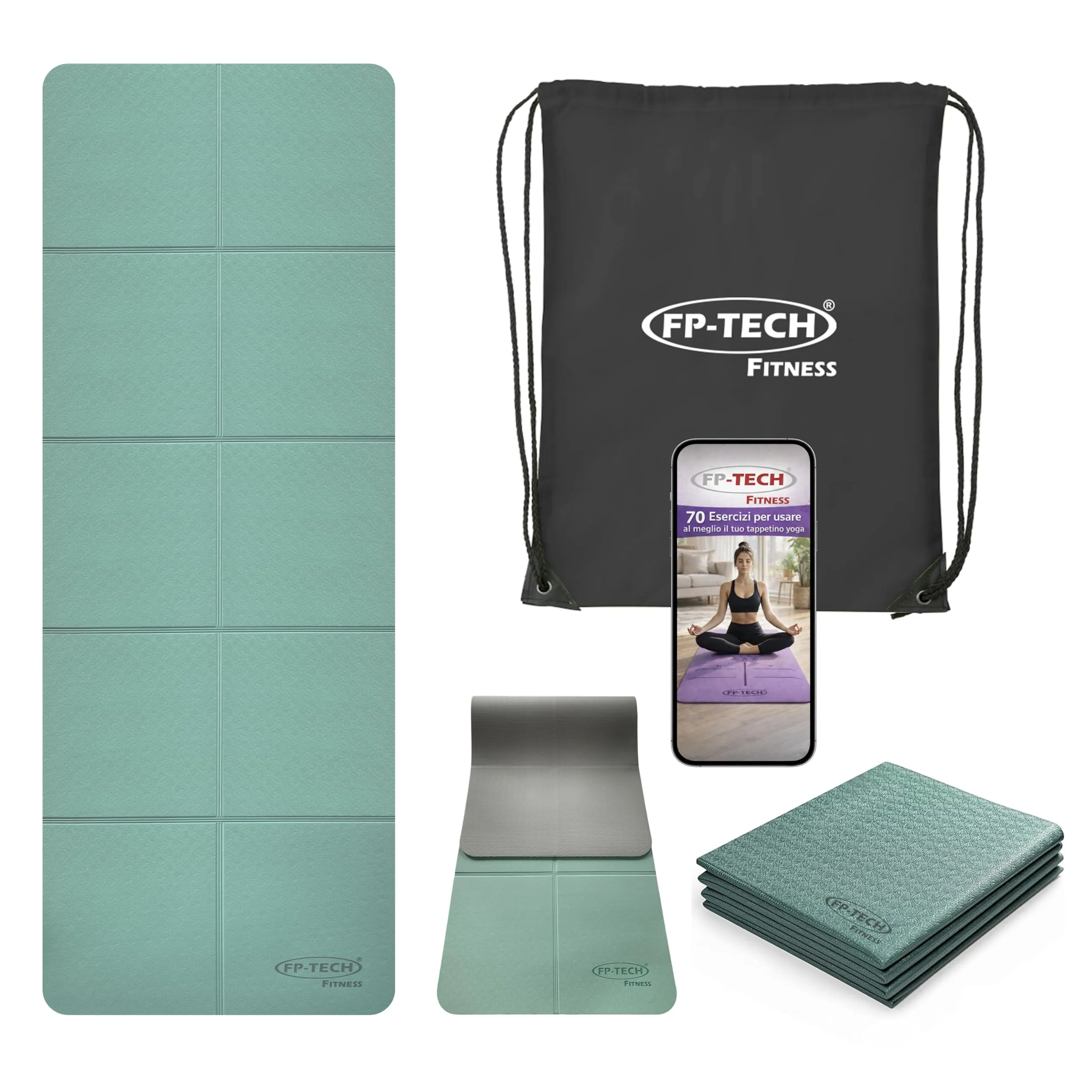 Tappetino Yoga Pieghevole FP-TECH in TPE con Sacca - Verde Acqua/Grigio, 183x68x0.6 cm