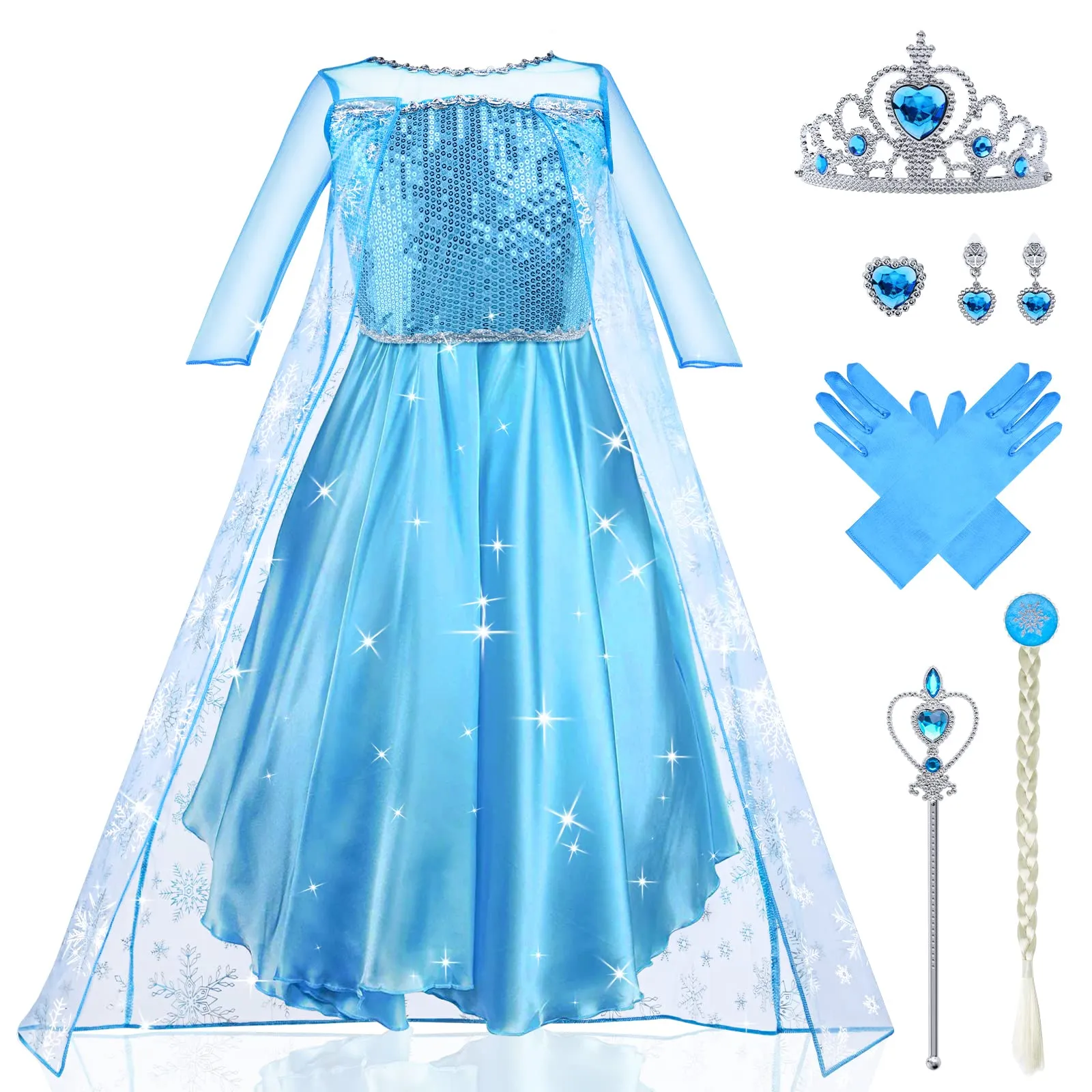 URAQT Congelato Vestito Set, Costume Vestito Bambina Principessa, Set da Principessa Corona Bacchetta Guanti Treccia, Cosplay Party Halloween Abito delle Ragazze di Natale Vestito Fantasia(110)
