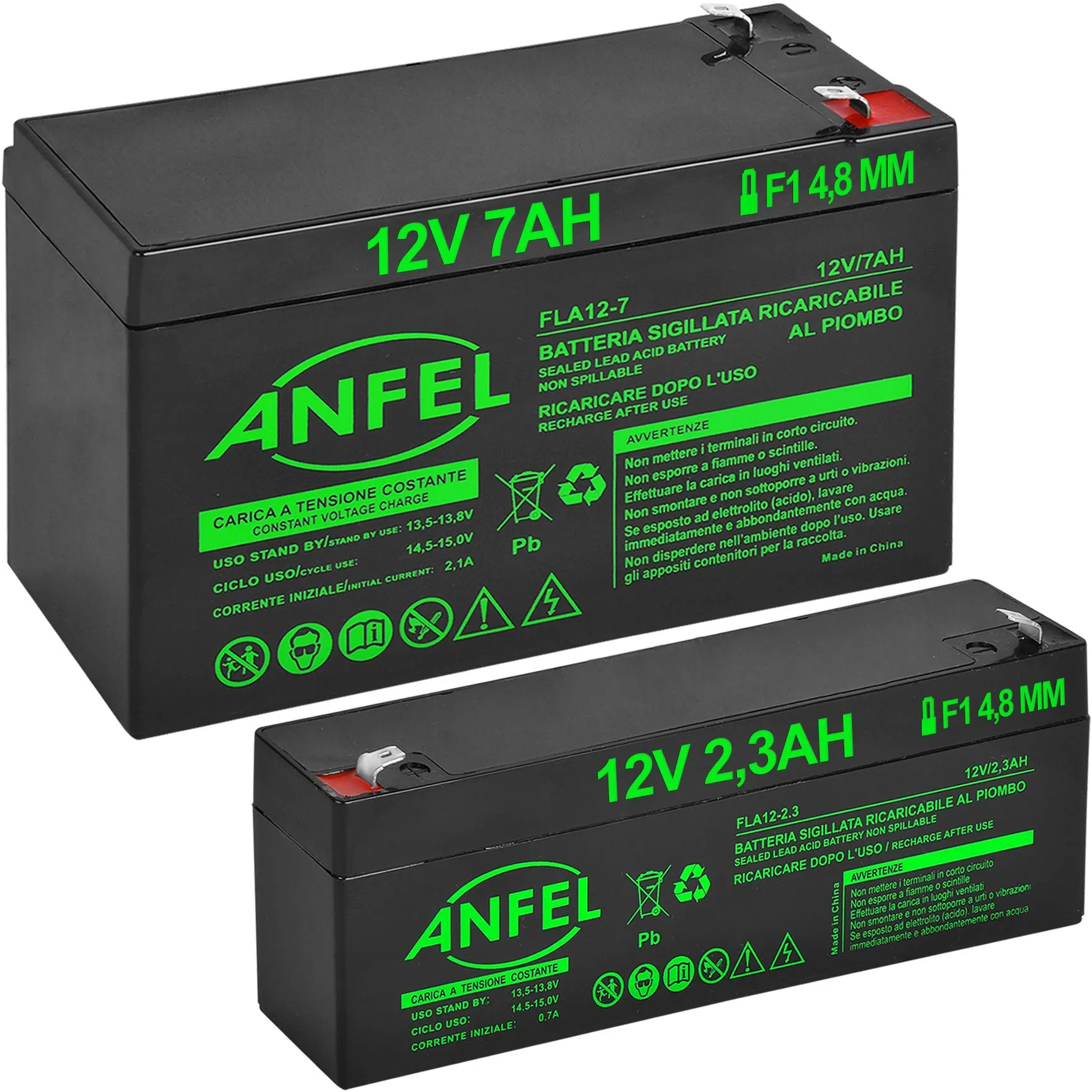 Kit Batterie al Piombo Ricaricabili per Sistemi di Sicurezza: 12V 7Ah + 12V 2.2Ah