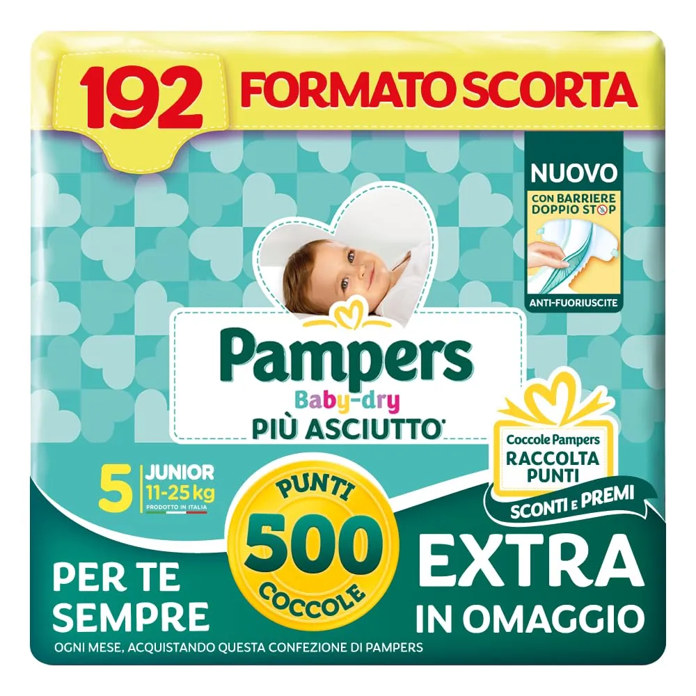Pampers Baby Dry Junior Taglia 5 (11-25 kg) - 192 Pannolini + 500 Punti Coccole