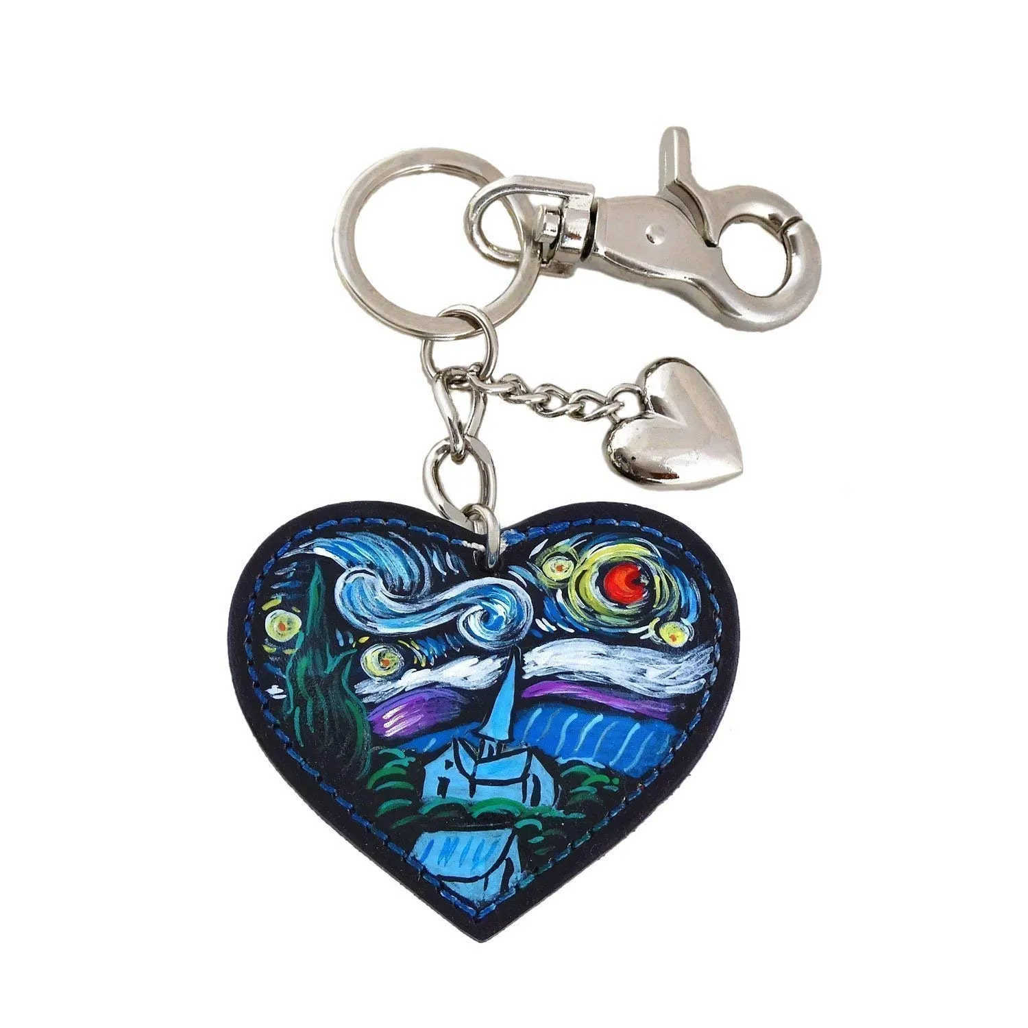 Portachiavi Artistico "La Notte Stellata" di Van Gogh - Cuore in Pelle Dipinta a Mano