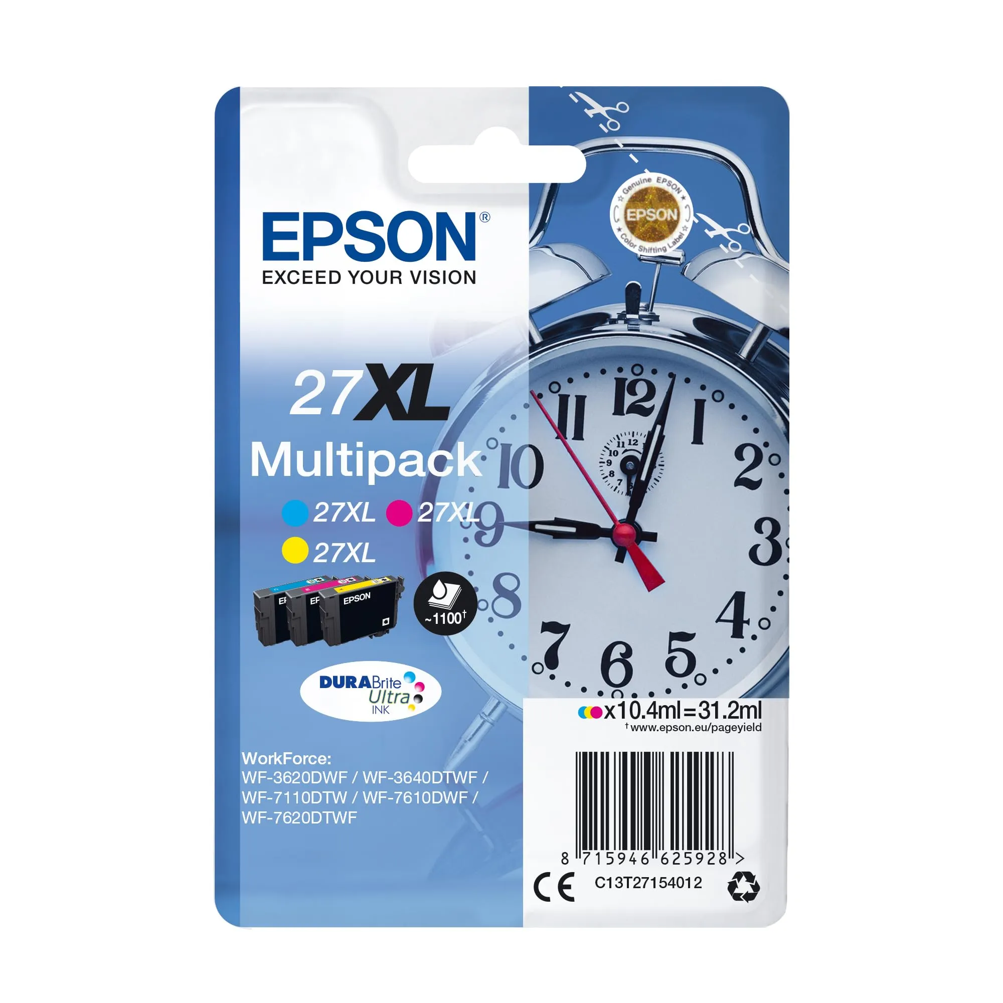 Epson 27 Serie Sveglia, Cartuccia Originale Getto d'Inchiostro DURABrite Ultra, Formato XL, Multipack 3 Colori